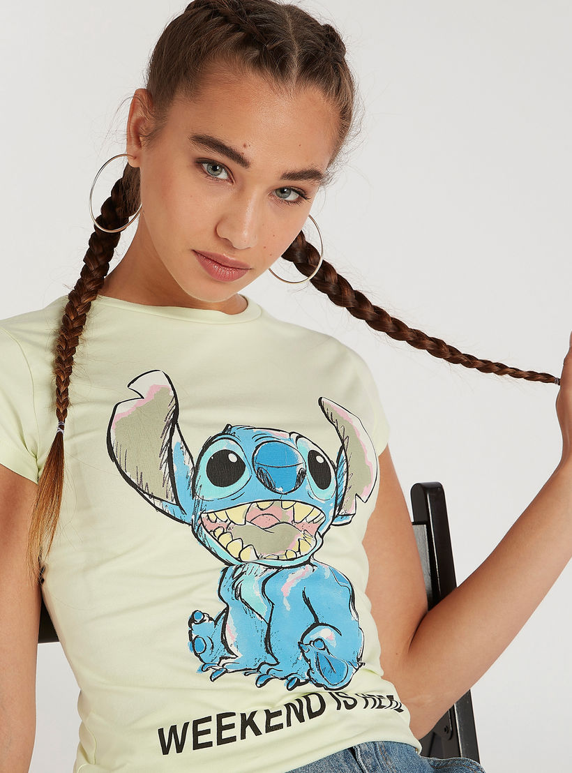 Stitch Print Crew Neck T-shirt with Cap Sleeves-women-clothing-tshirts-image-1