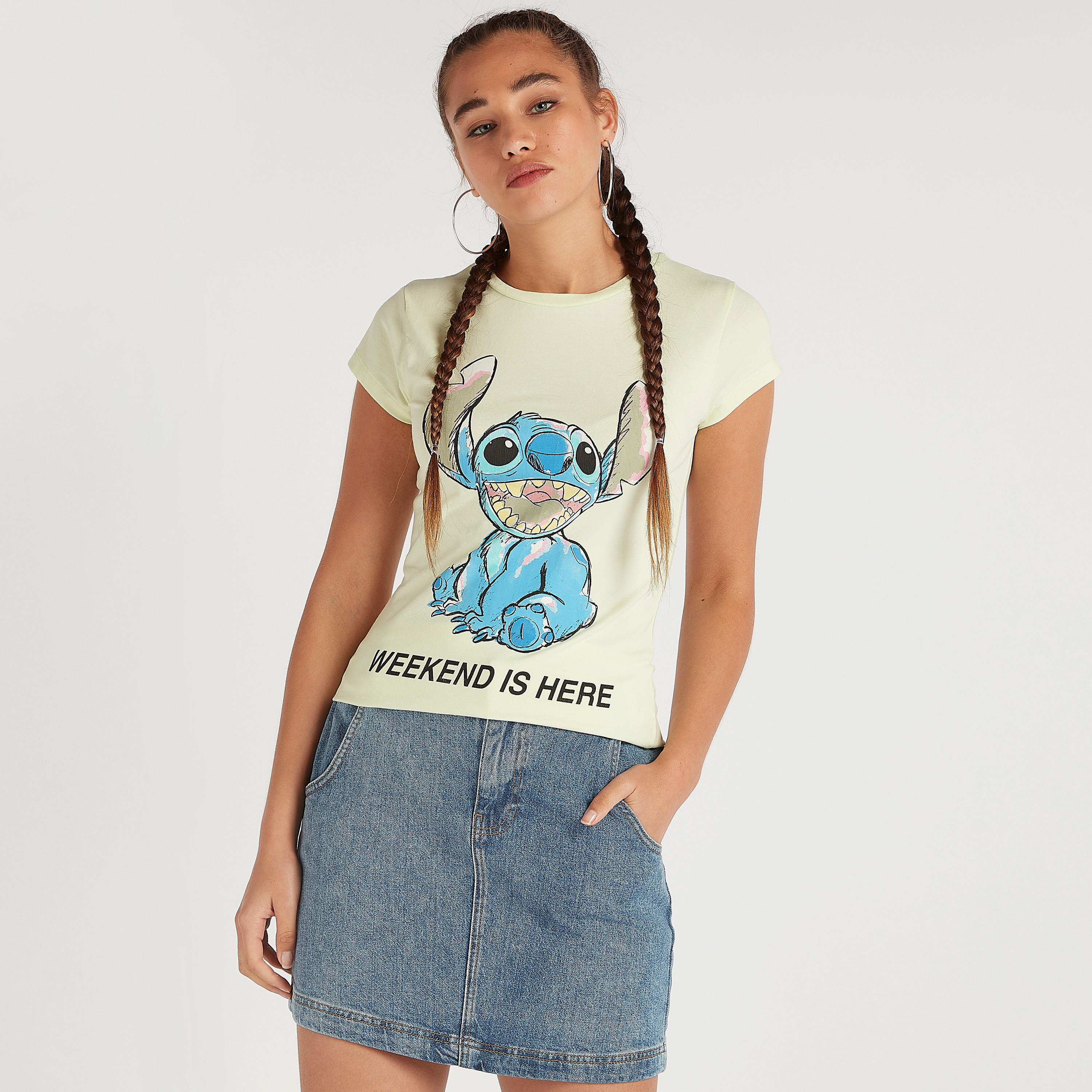 Stitch Print Crew Neck T-shirt with Cap Sleeves-women-clothing-tshirts-image-2