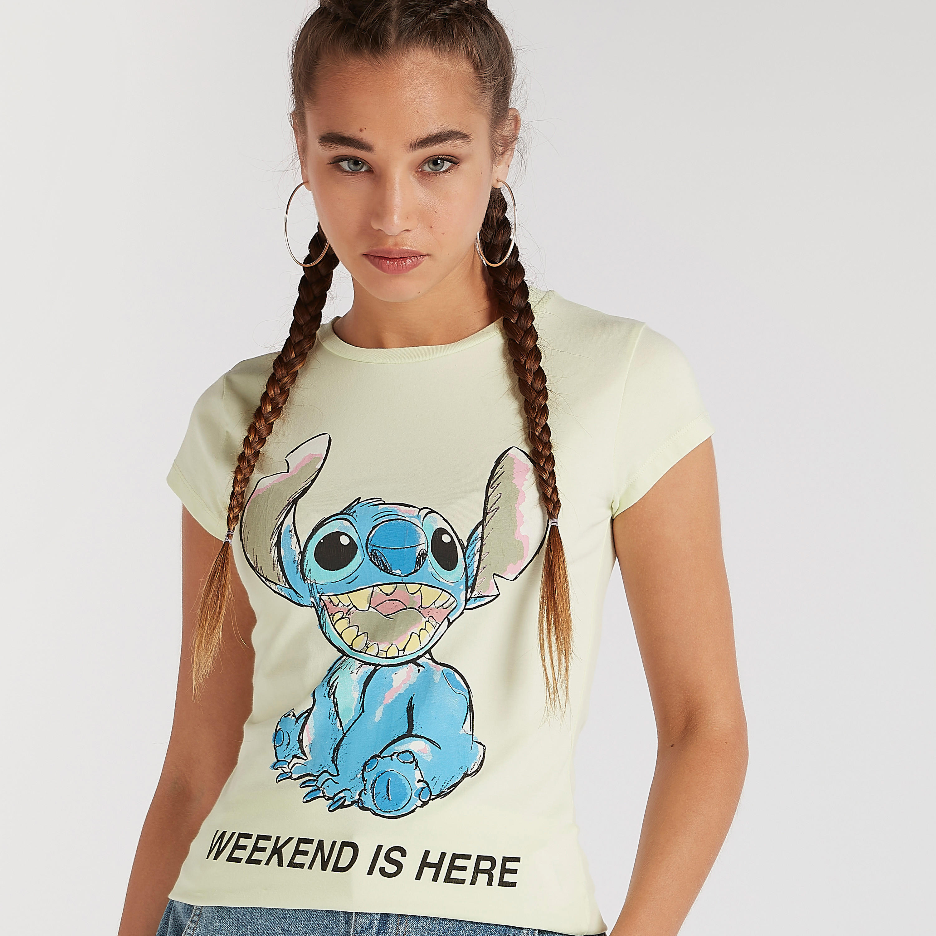 Stitch Print Crew Neck T-shirt with Cap Sleeves-women-clothing-tshirts-image-3