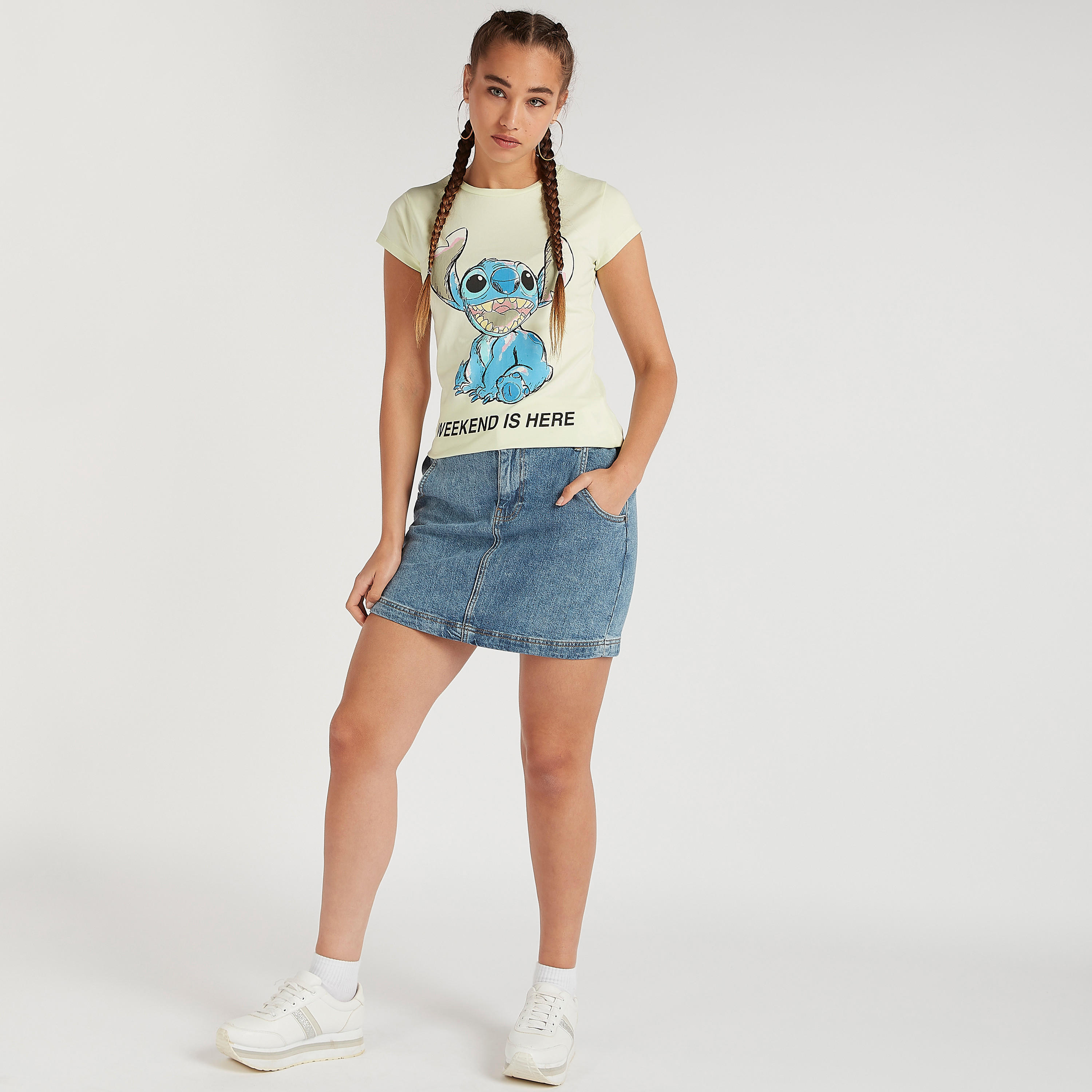 Stitch Print Crew Neck T-shirt with Cap Sleeves-women-clothing-tshirts-image-4
