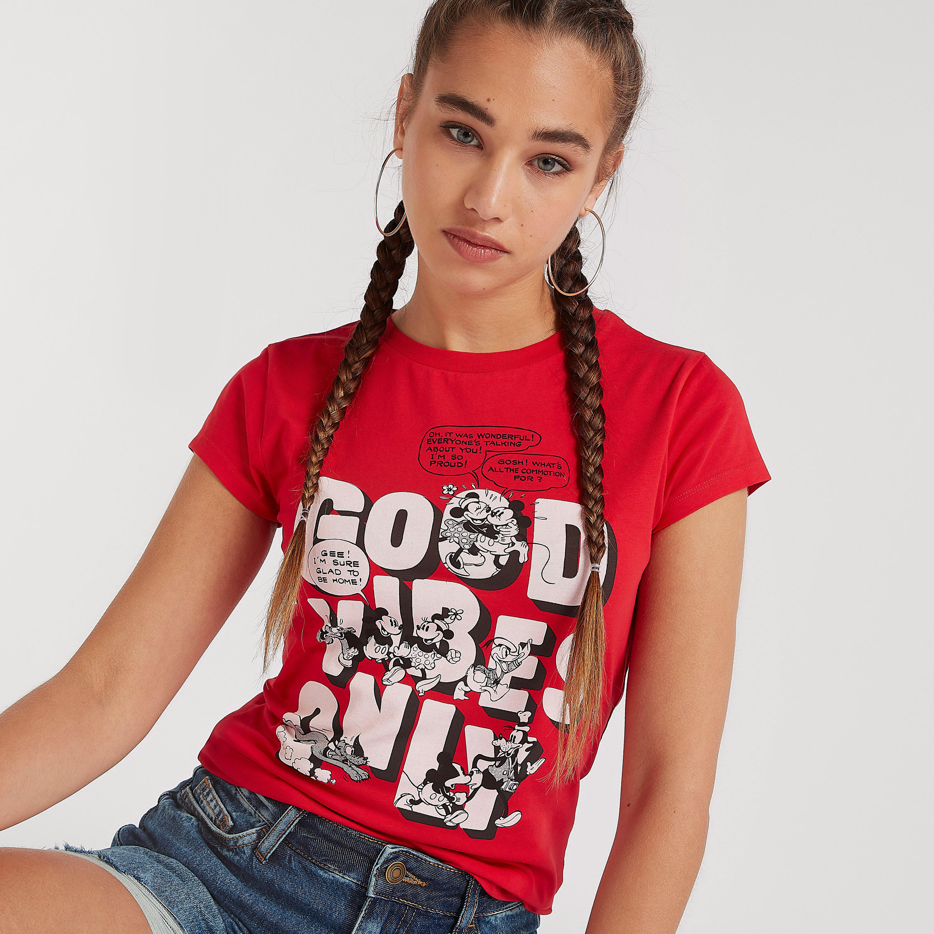 Mickey Mouse Print Crew Neck T-shirt with Cap Sleeves-women-clothing-tshirts-image-1