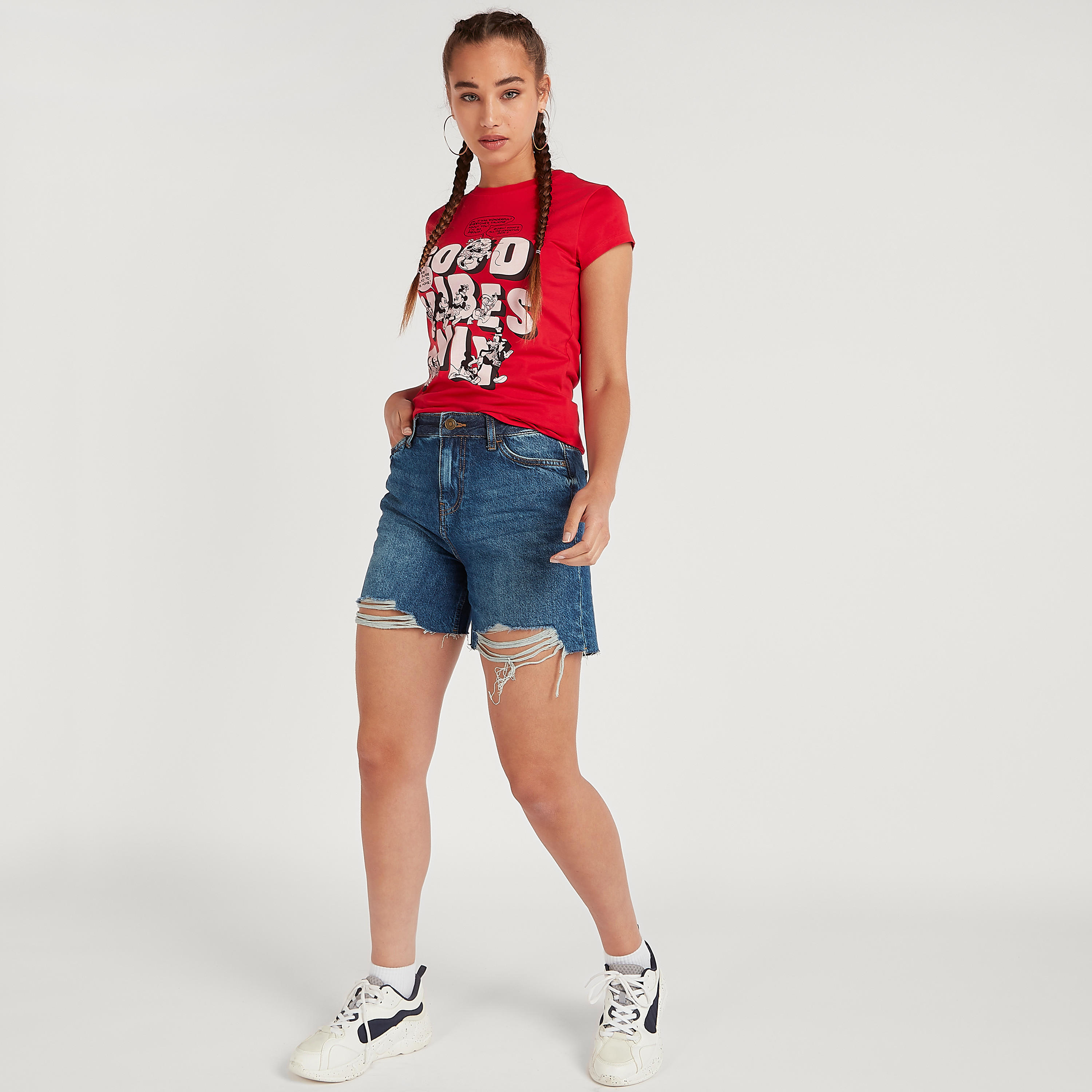 Mickey Mouse Print Crew Neck T-shirt with Cap Sleeves-women-clothing-tshirts-image-2