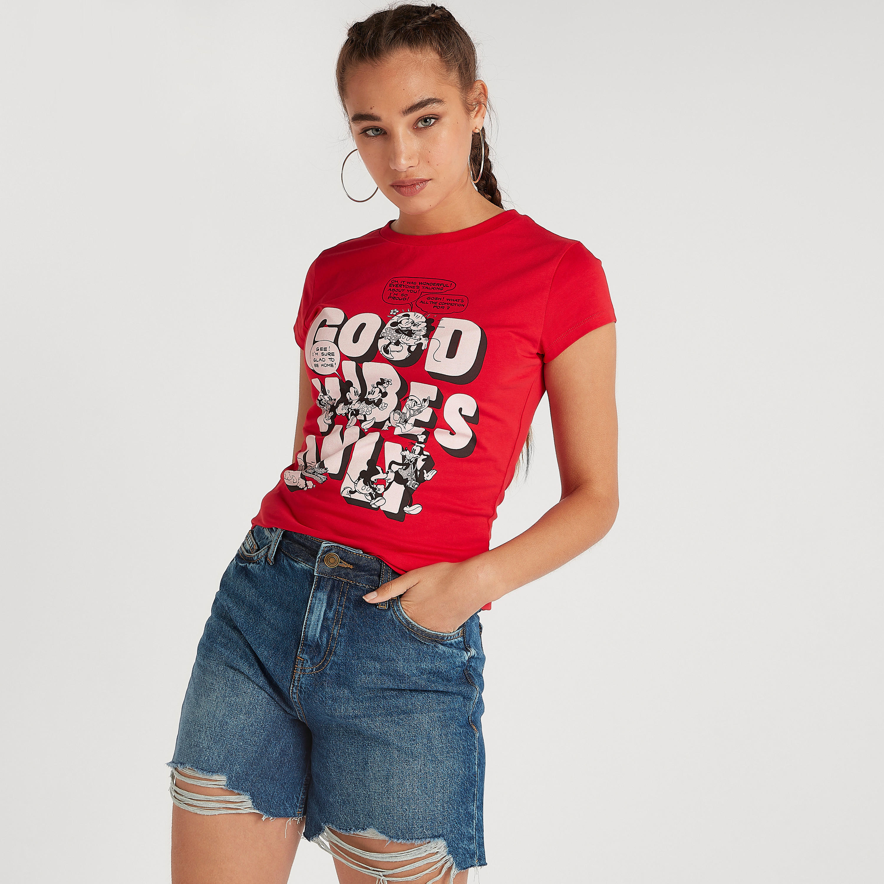 Mickey Mouse Print Crew Neck T-shirt with Cap Sleeves-women-clothing-tshirts-image-3