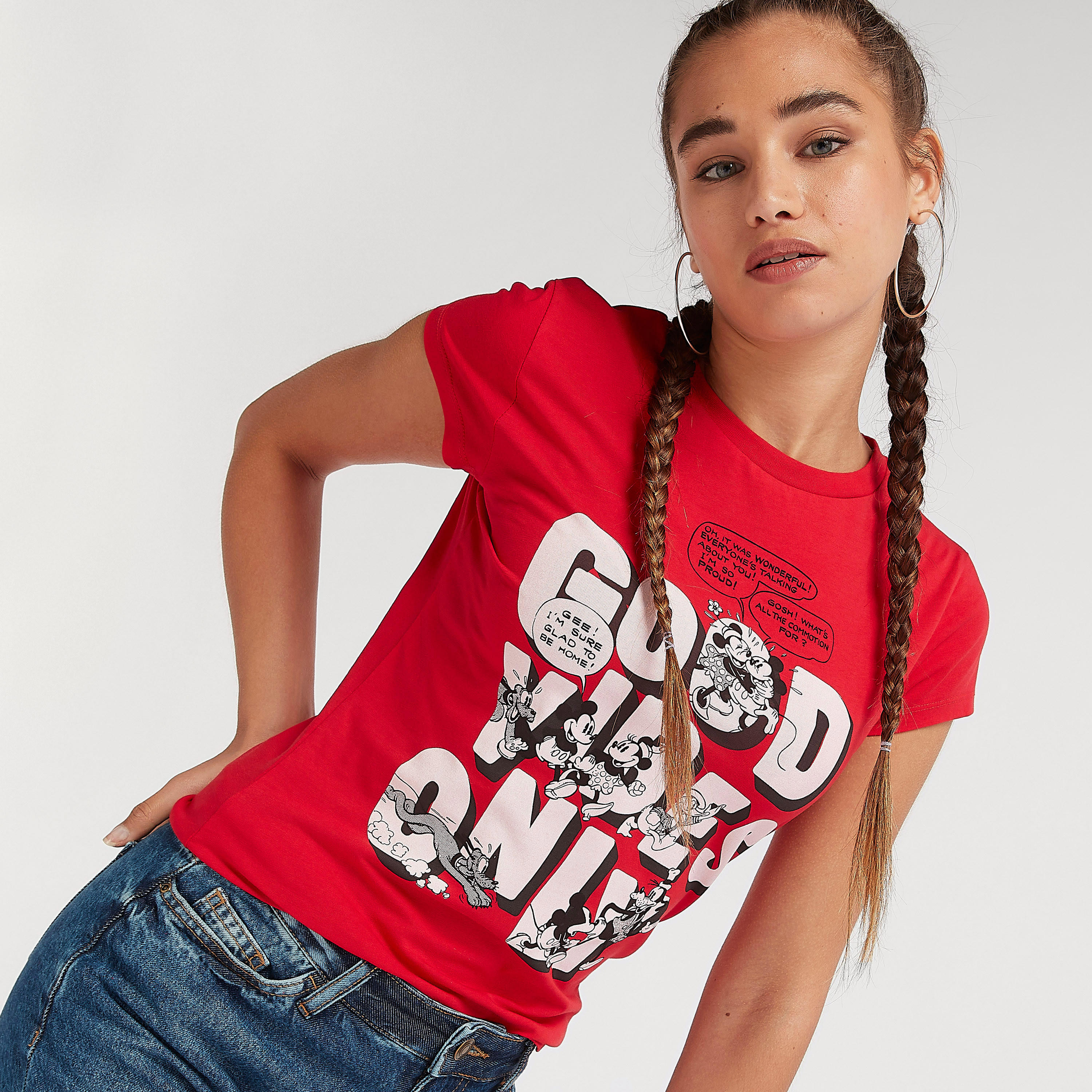 Mickey Mouse Print Crew Neck T-shirt with Cap Sleeves-women-clothing-tshirts-image-5