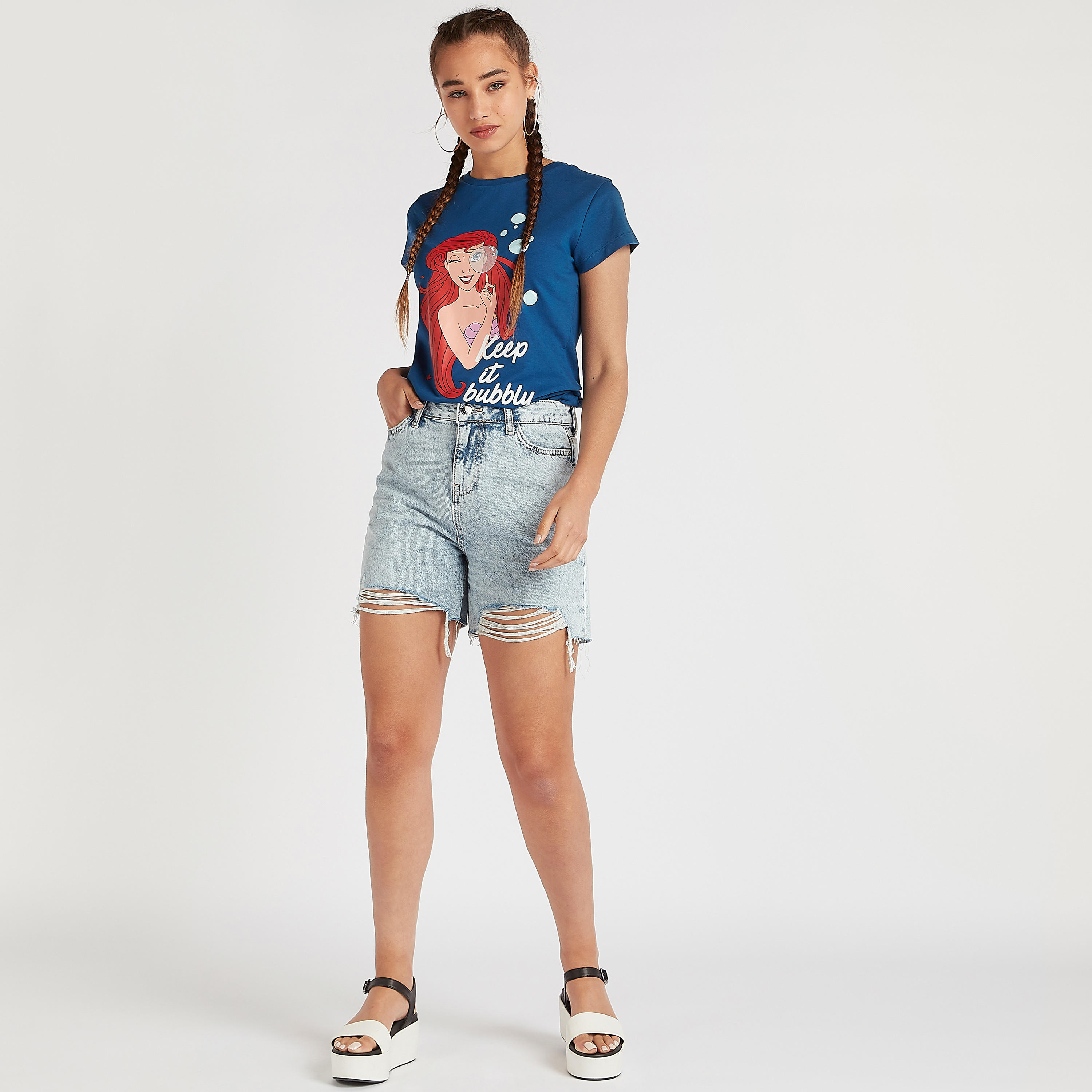 تيشيرت بياقة ضيقة وأكمام كاب وطبعات حورية البحر-women-clothing-tshirts-image-2