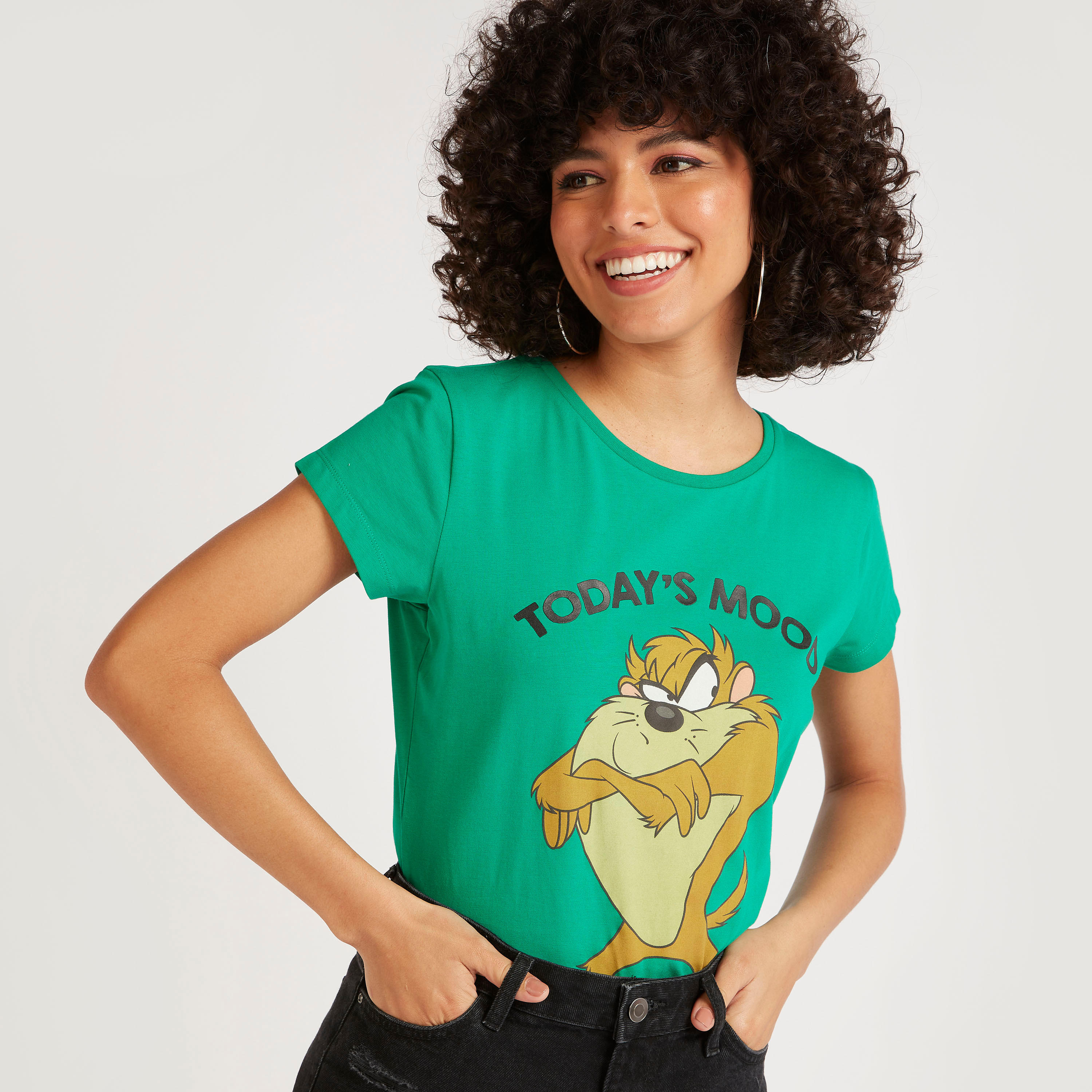 Tasmanian Devil Print T-shirt with Cap Sleeves-women-clothing-tshirts-image-1