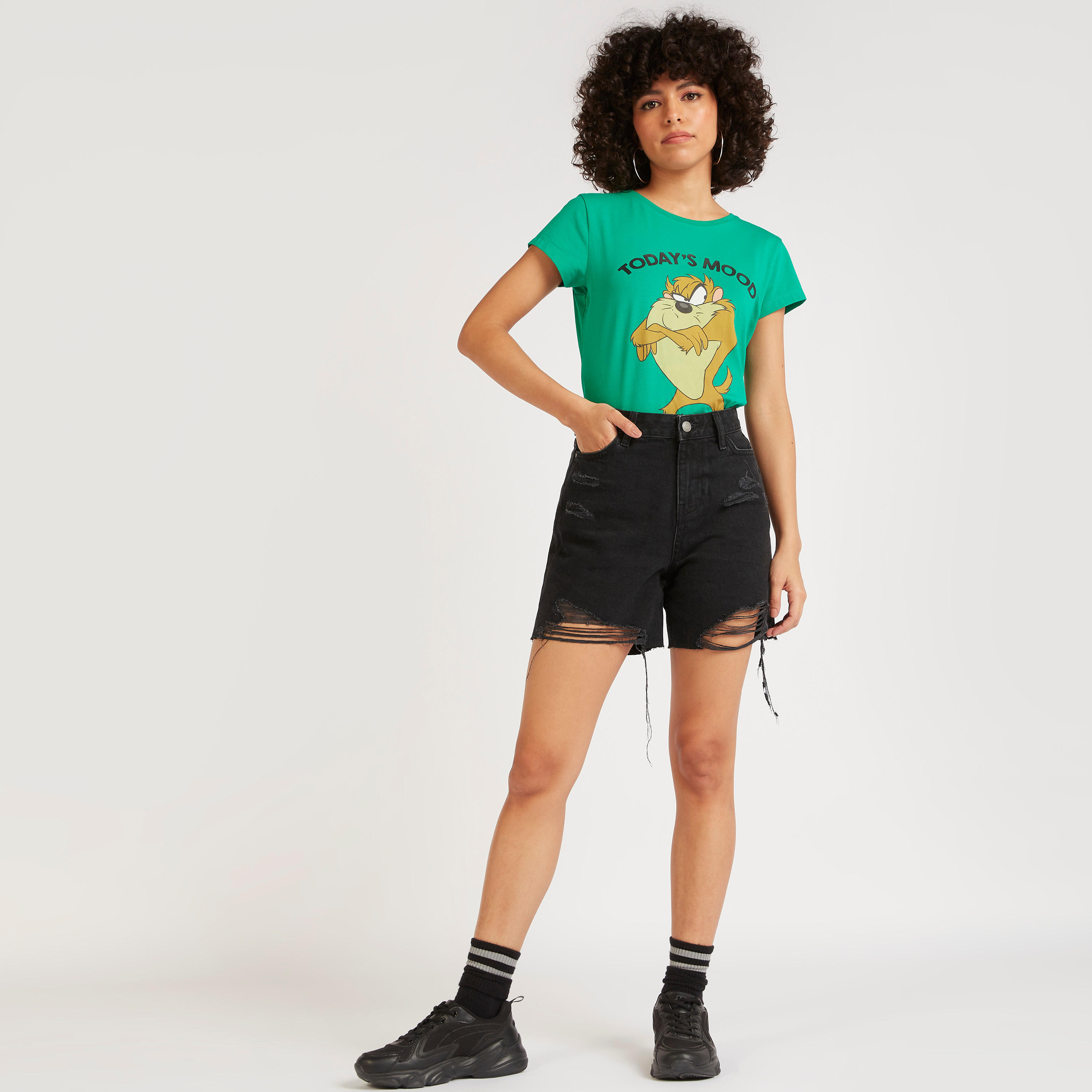 Tasmanian Devil Print T-shirt with Cap Sleeves-women-clothing-tshirts-image-2