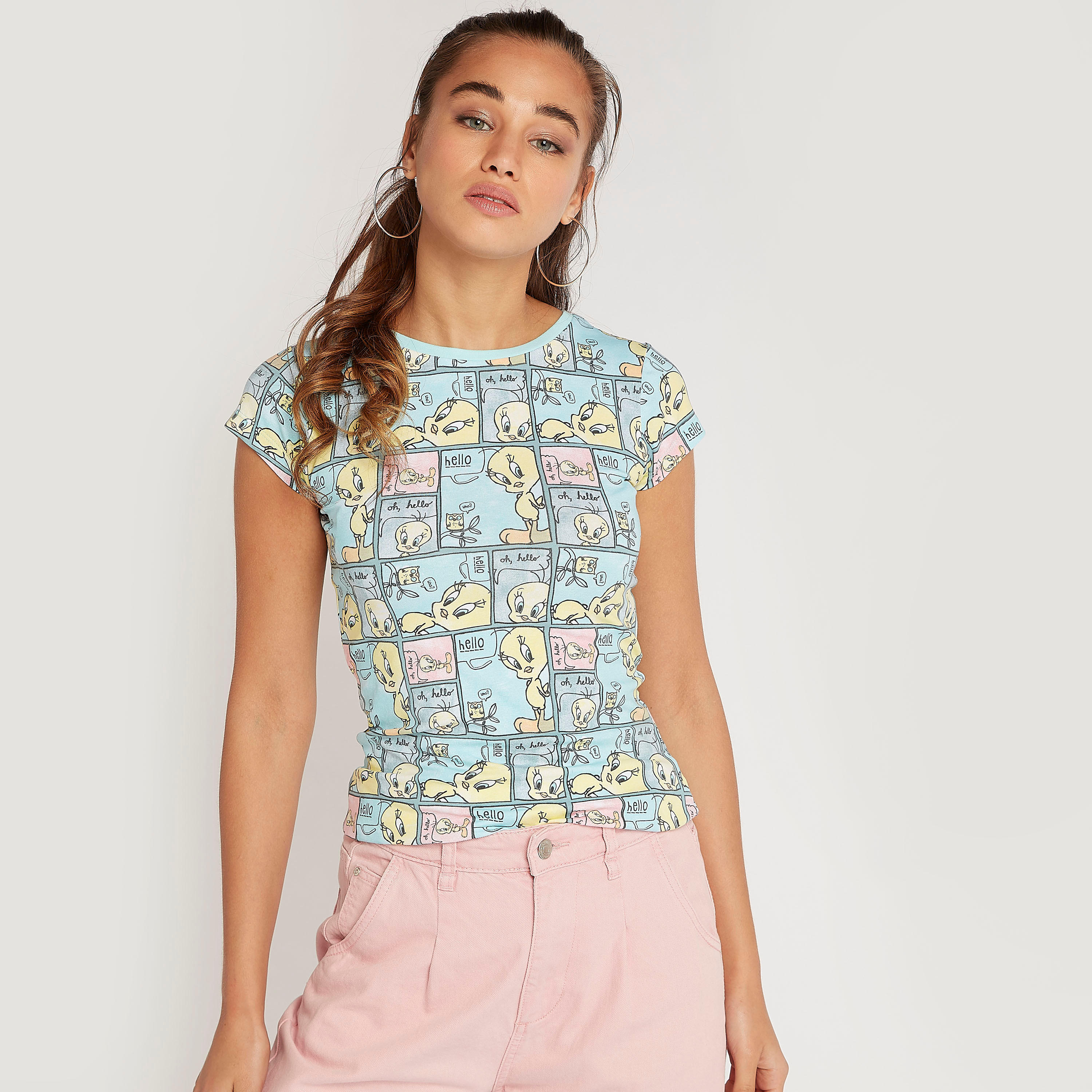 Tweety Print Crew Neck T-shirt with Cap Sleeves-women-clothing-tshirts-image-1