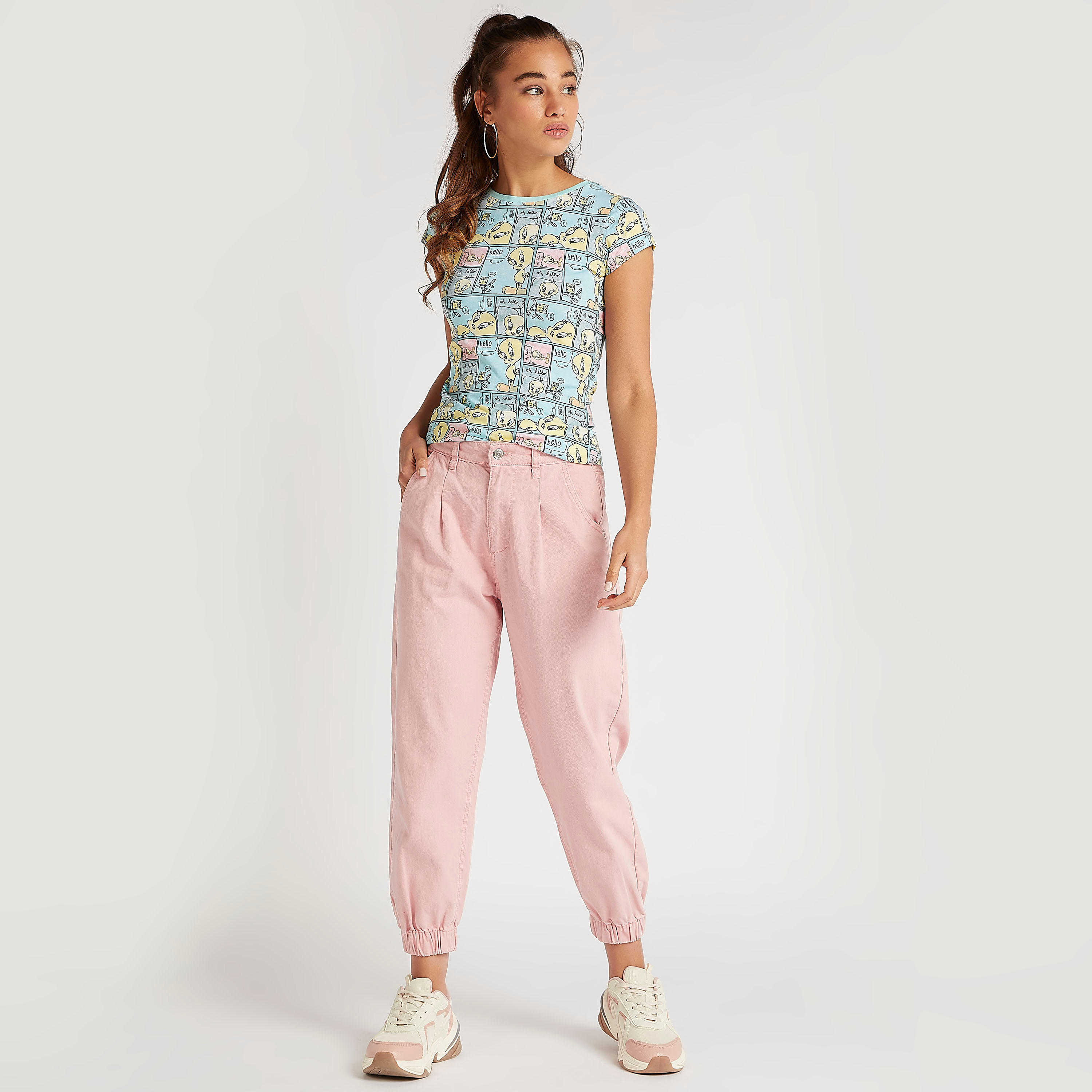 Tweety Print Crew Neck T-shirt with Cap Sleeves-women-clothing-tshirts-image-2