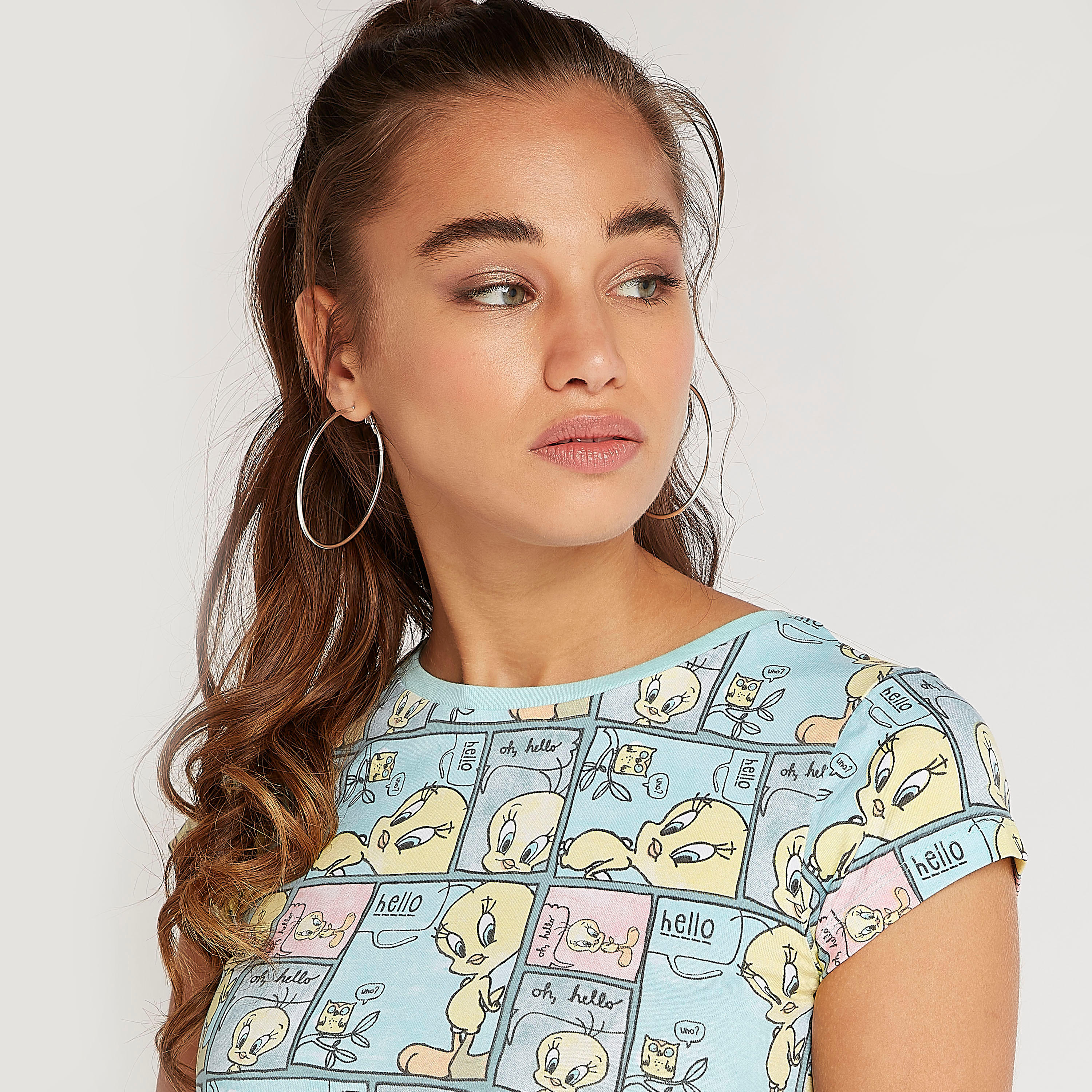 Tweety Print Crew Neck T-shirt with Cap Sleeves-women-clothing-tshirts-image-3