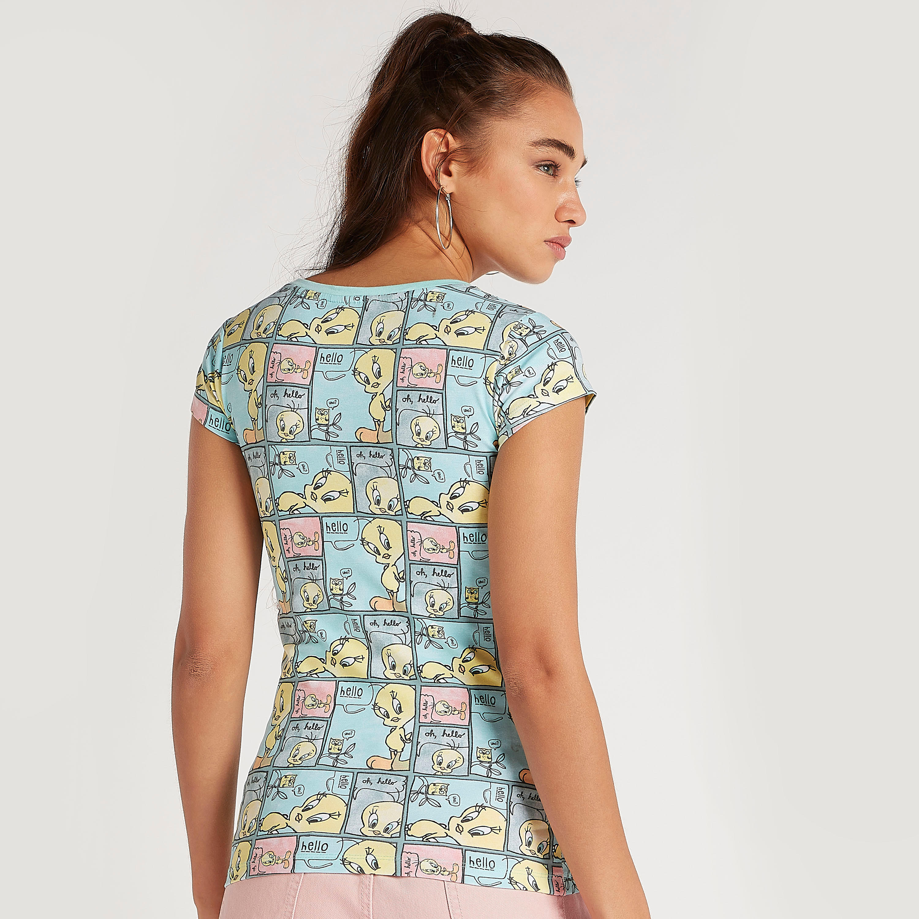 Tweety Print Crew Neck T-shirt with Cap Sleeves-women-clothing-tshirts-image-4