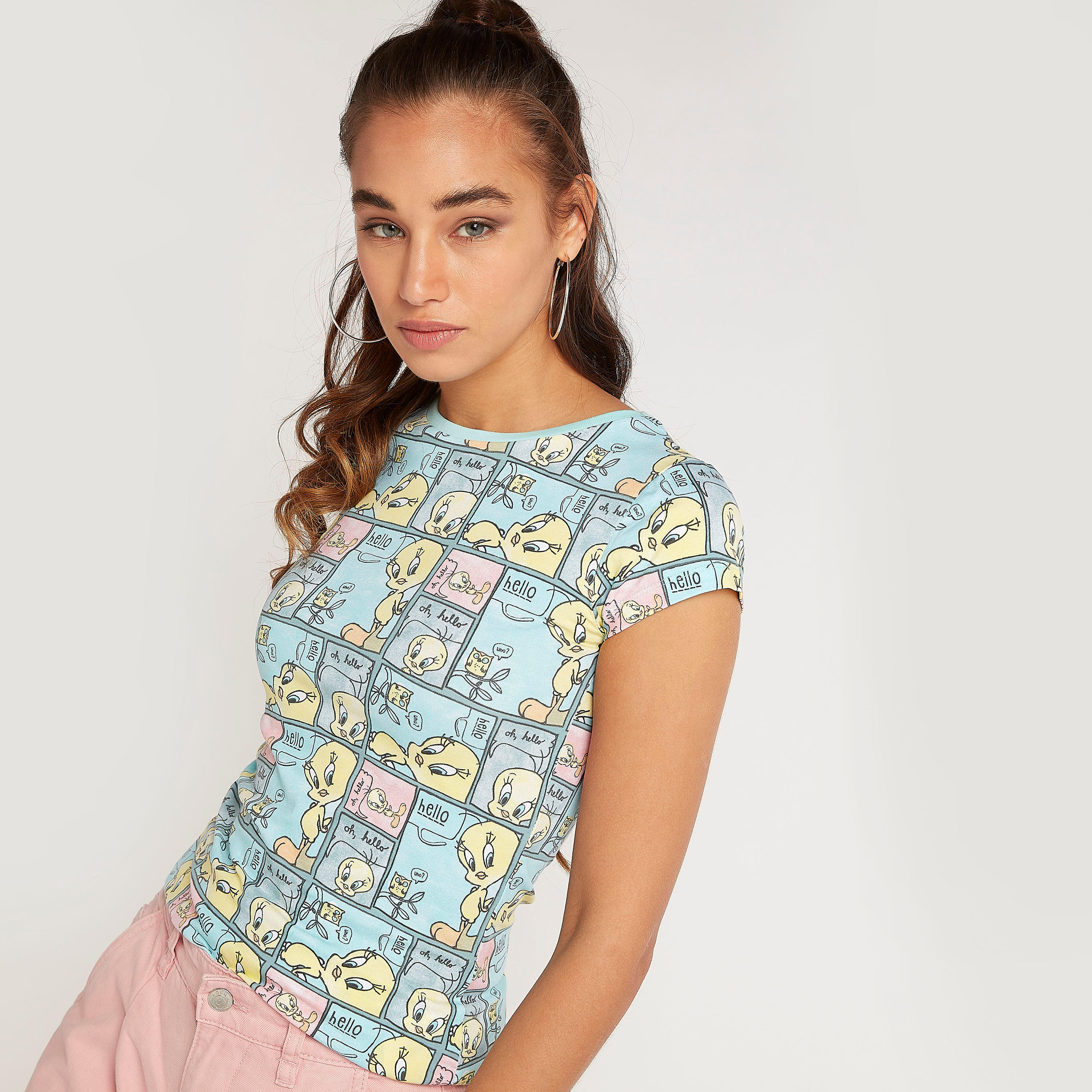 Tweety Print Crew Neck T-shirt with Cap Sleeves-women-clothing-tshirts-image-5