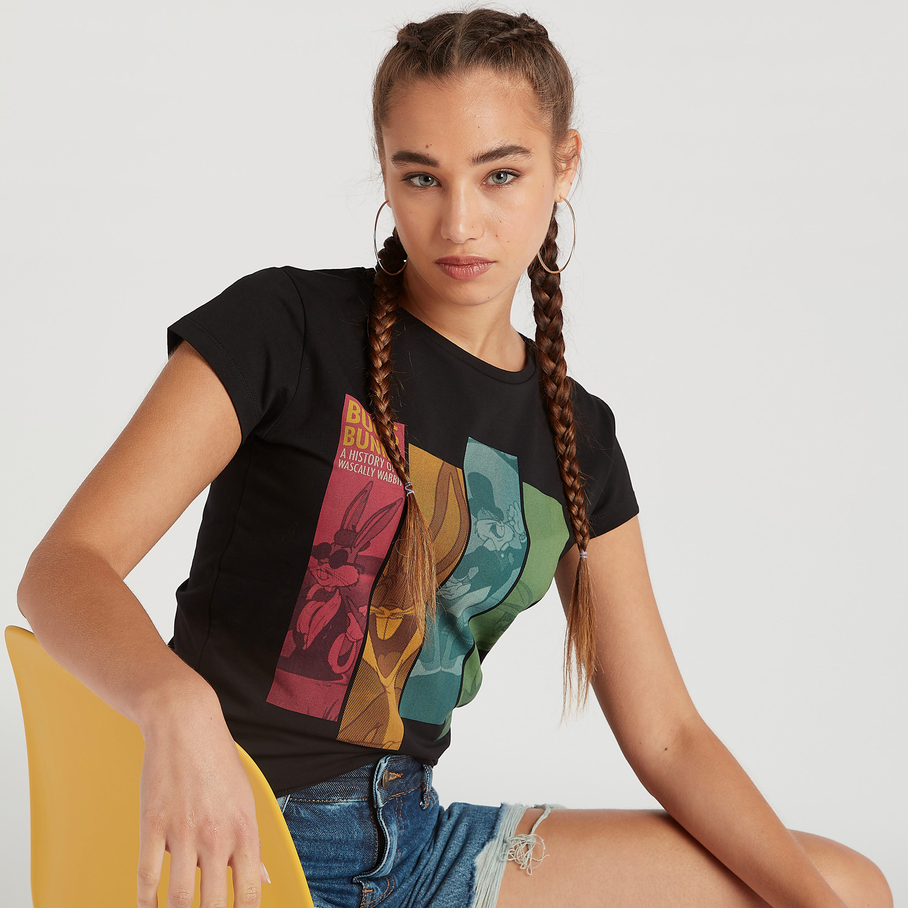 Graphic Print T-shirt with Crew Neck and Cap Sleeves-women-clothing-tshirts-image-1