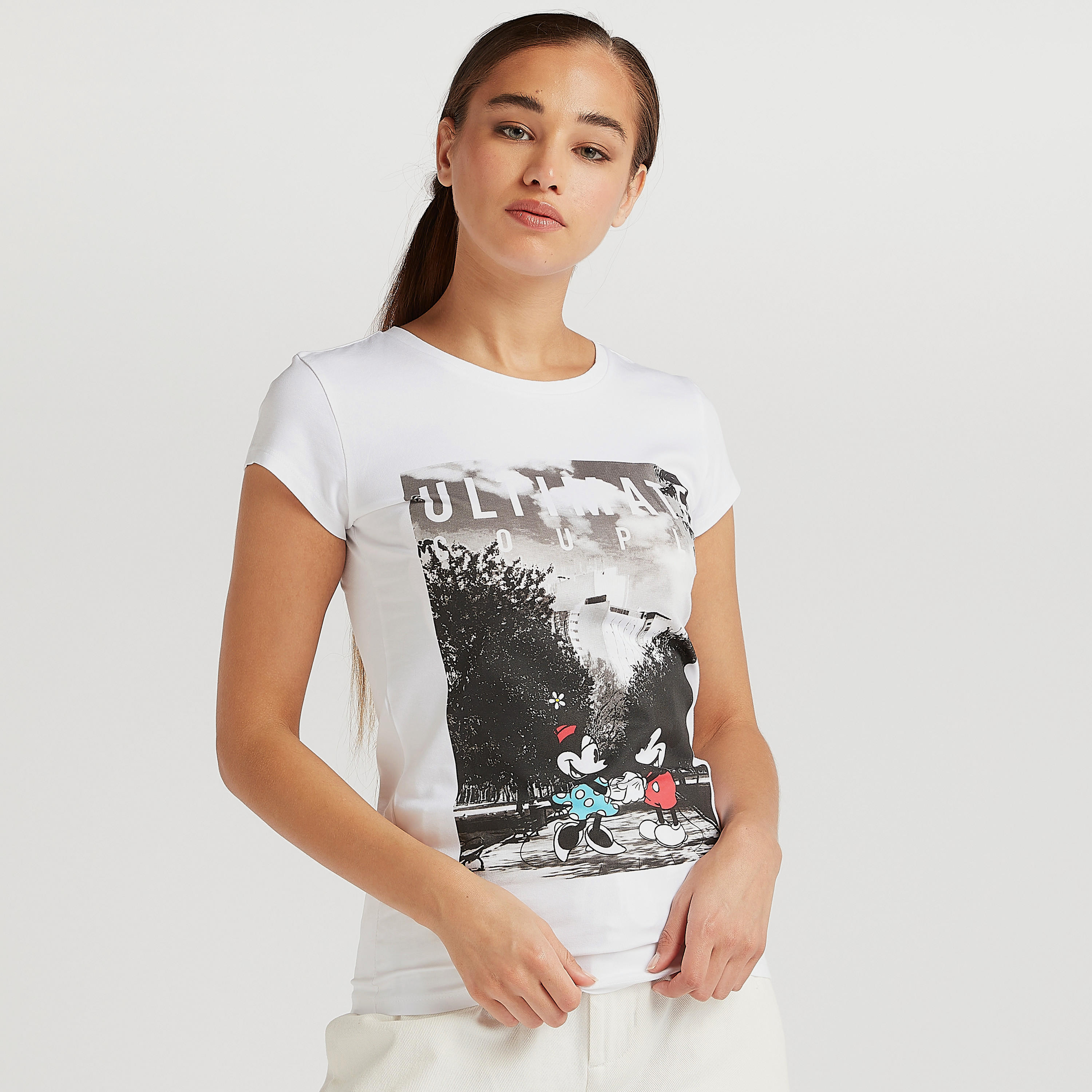تيشيرت بأكمام كاب وطبعات ميكي وميني ماوس-women-clothing-tshirts-image-1