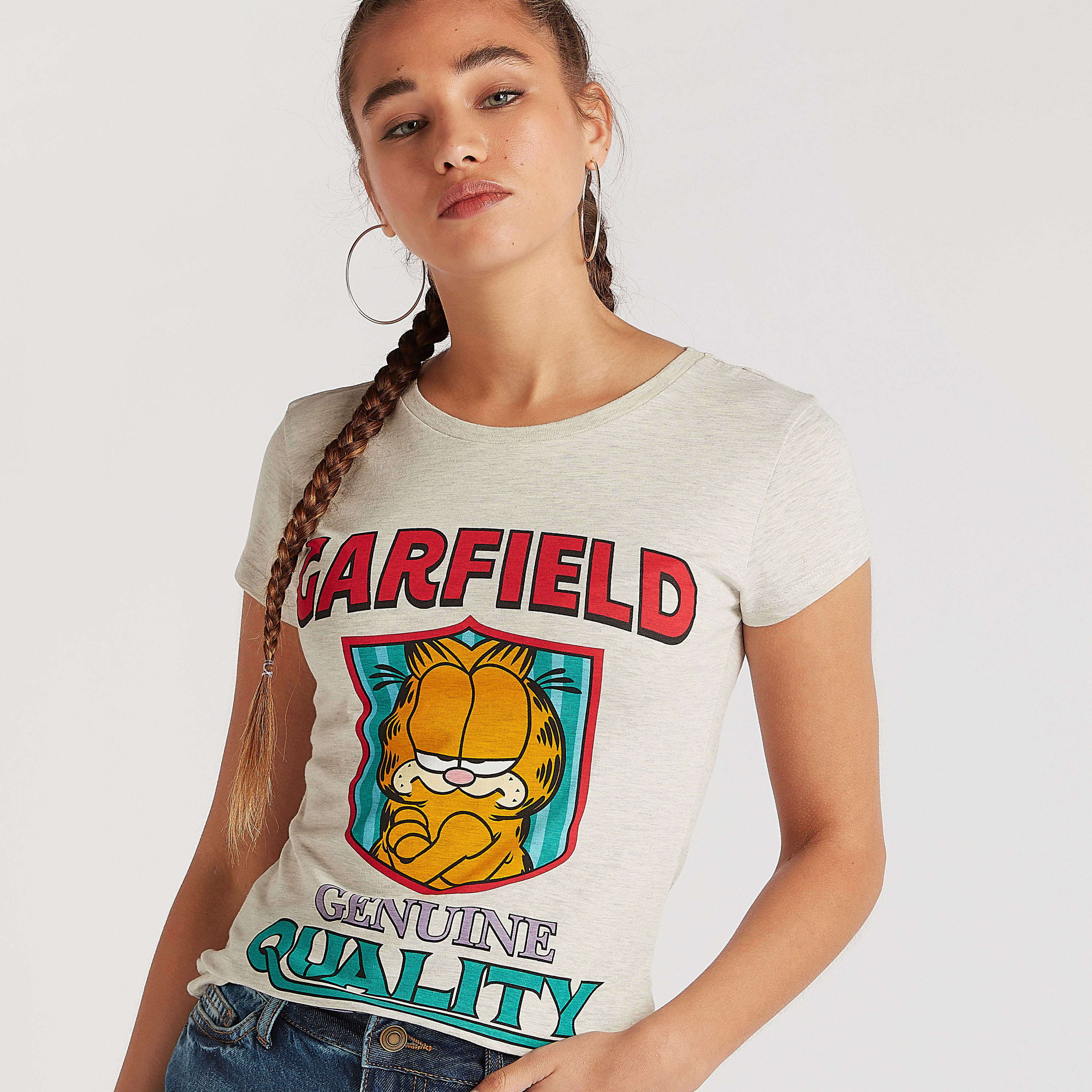 Garfield Print T-shirt with Round Neck and Cap Sleeves-women-clothing-tshirts-image-1