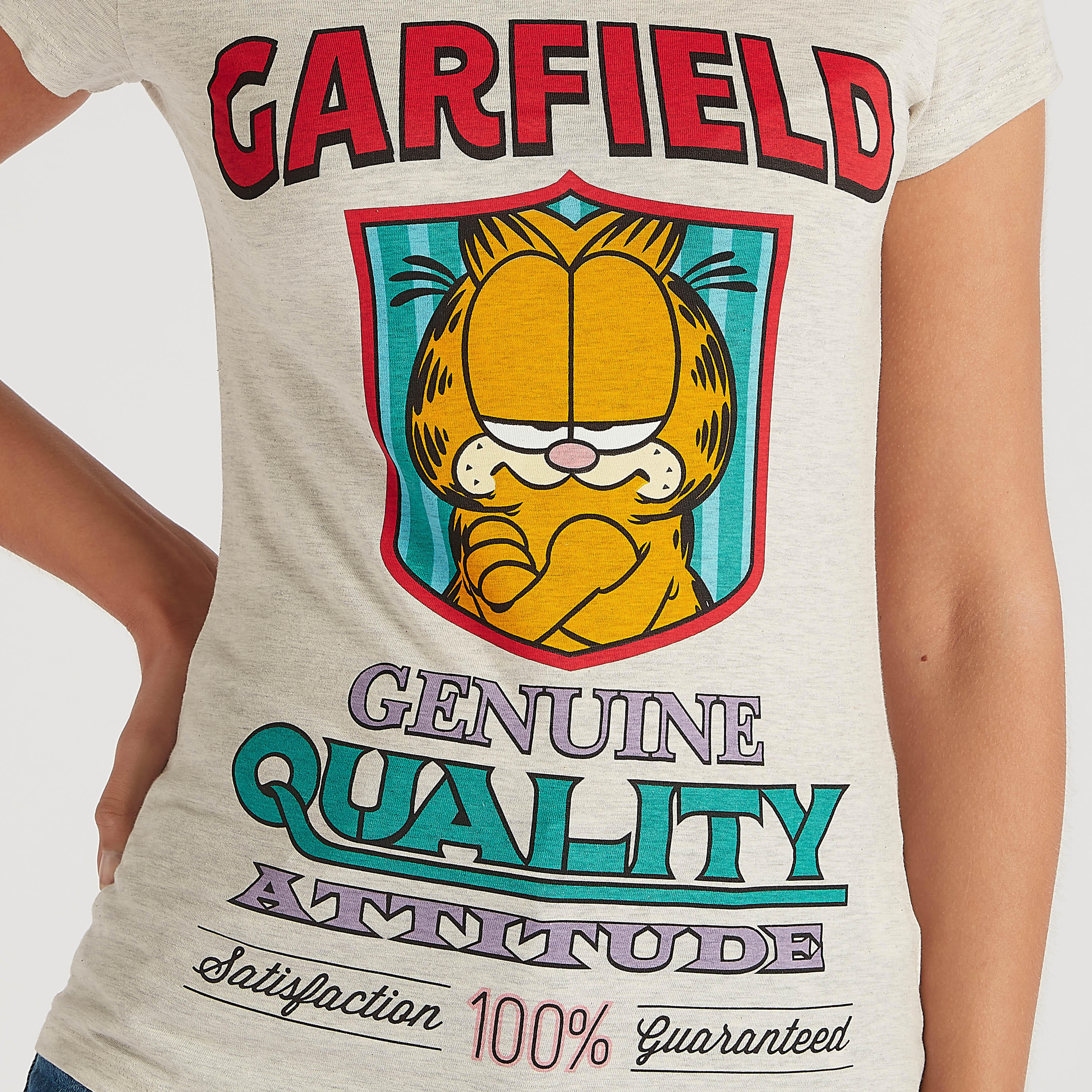 Garfield Print T-shirt with Round Neck and Cap Sleeves-women-clothing-tshirts-image-2