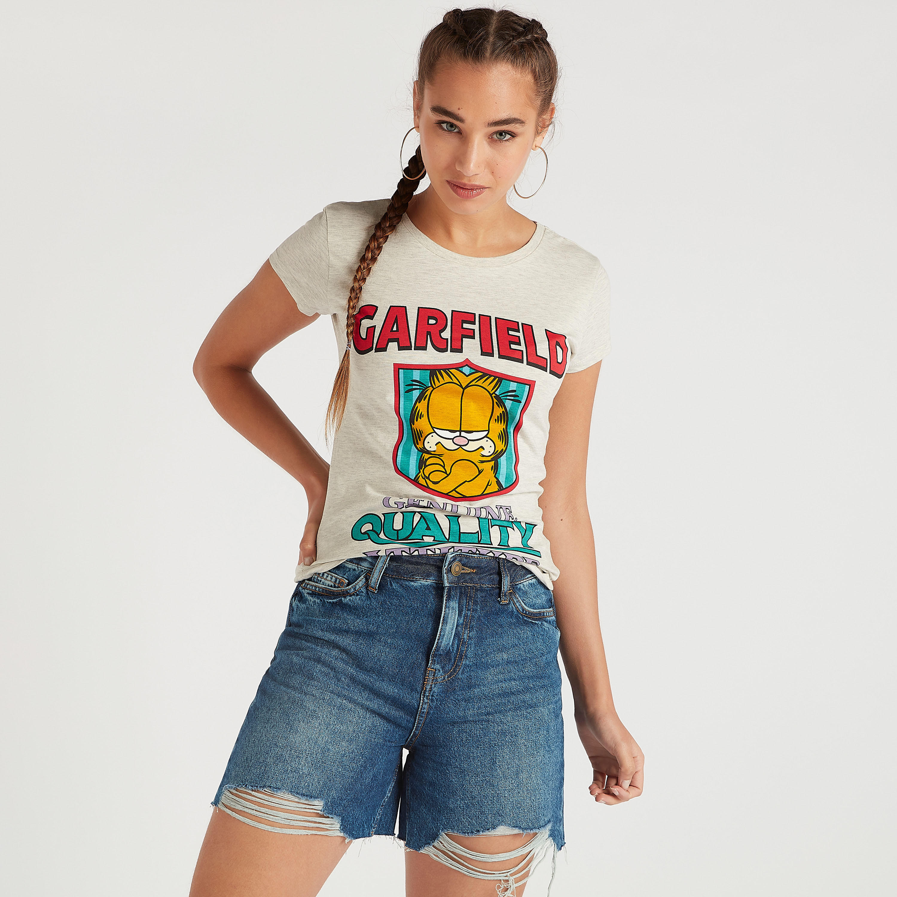 Garfield Print T-shirt with Round Neck and Cap Sleeves-women-clothing-tshirts-image-3