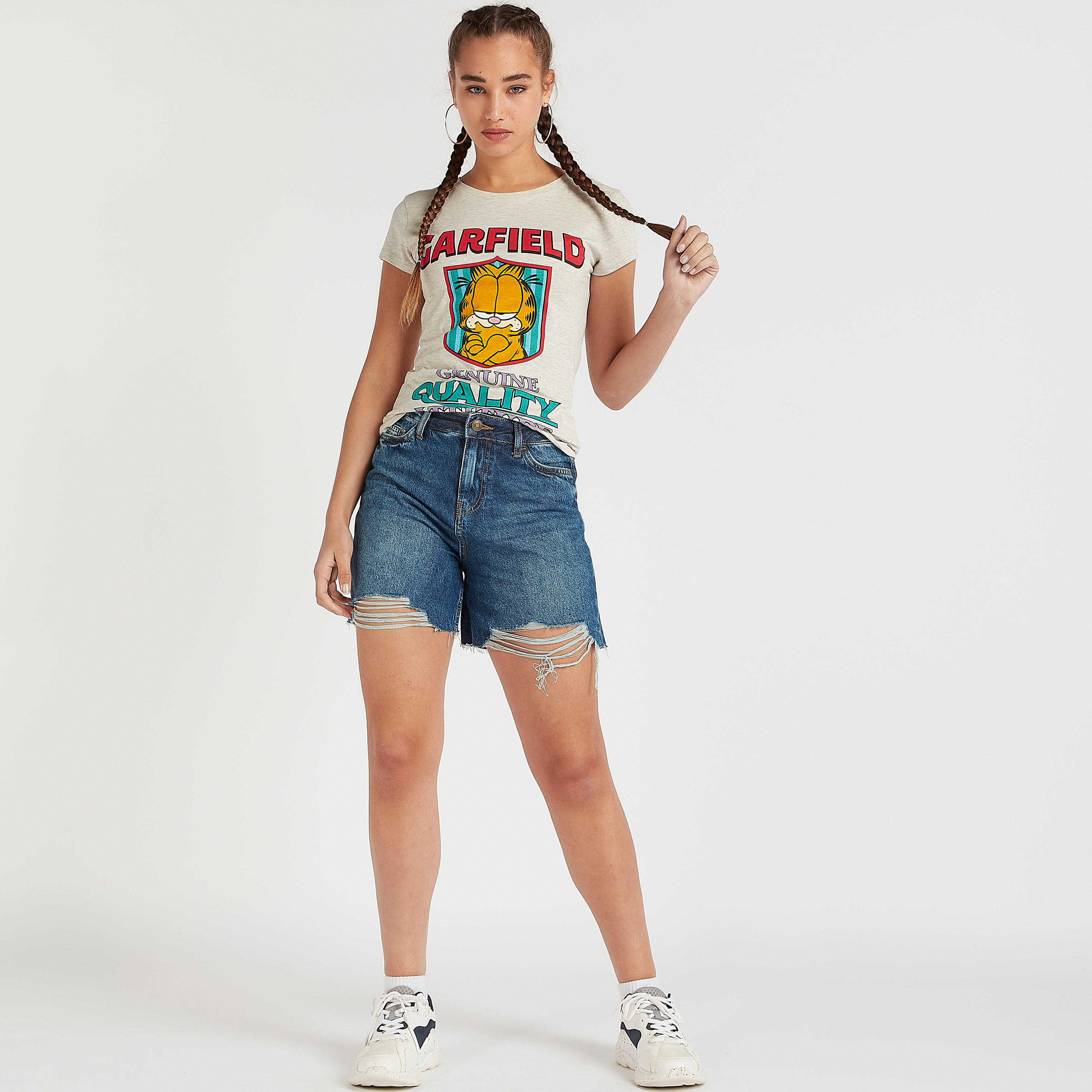 Garfield Print T-shirt with Round Neck and Cap Sleeves-women-clothing-tshirts-image-5