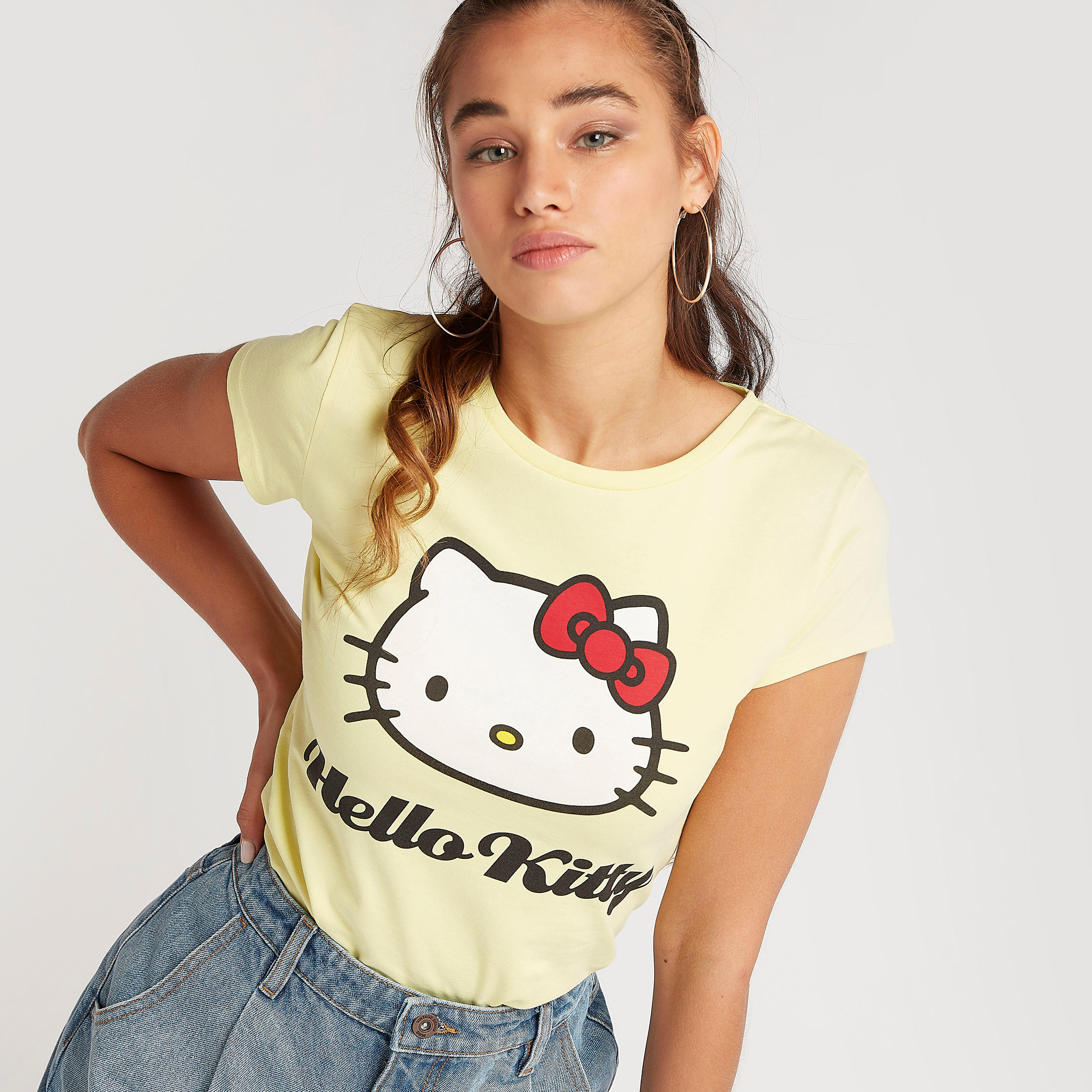 Hello Kitty Print Crew Neck T-shirt with Cap Sleeves-women-clothing-tshirts-image-1