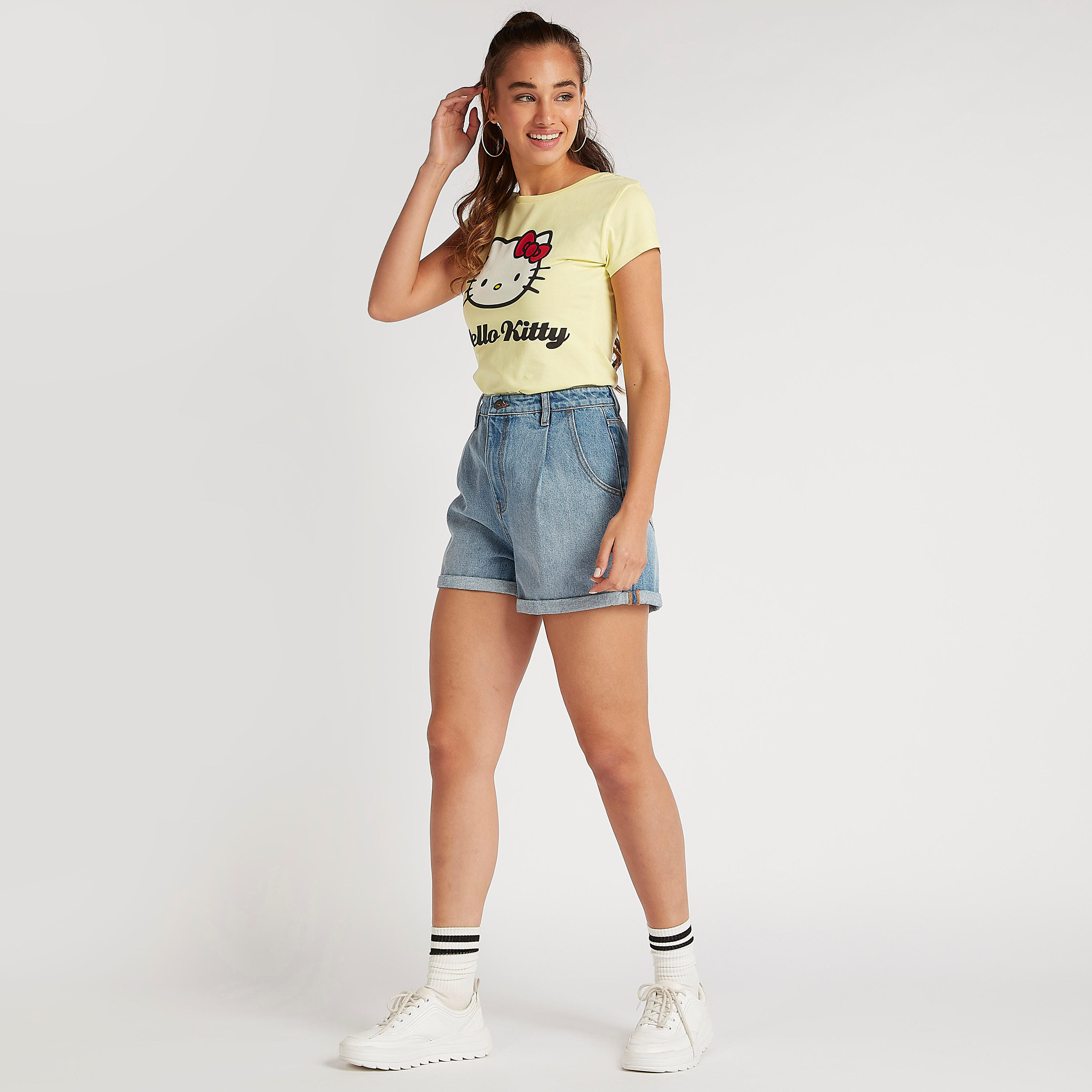 Hello Kitty Print Crew Neck T-shirt with Cap Sleeves-women-clothing-tshirts-image-2