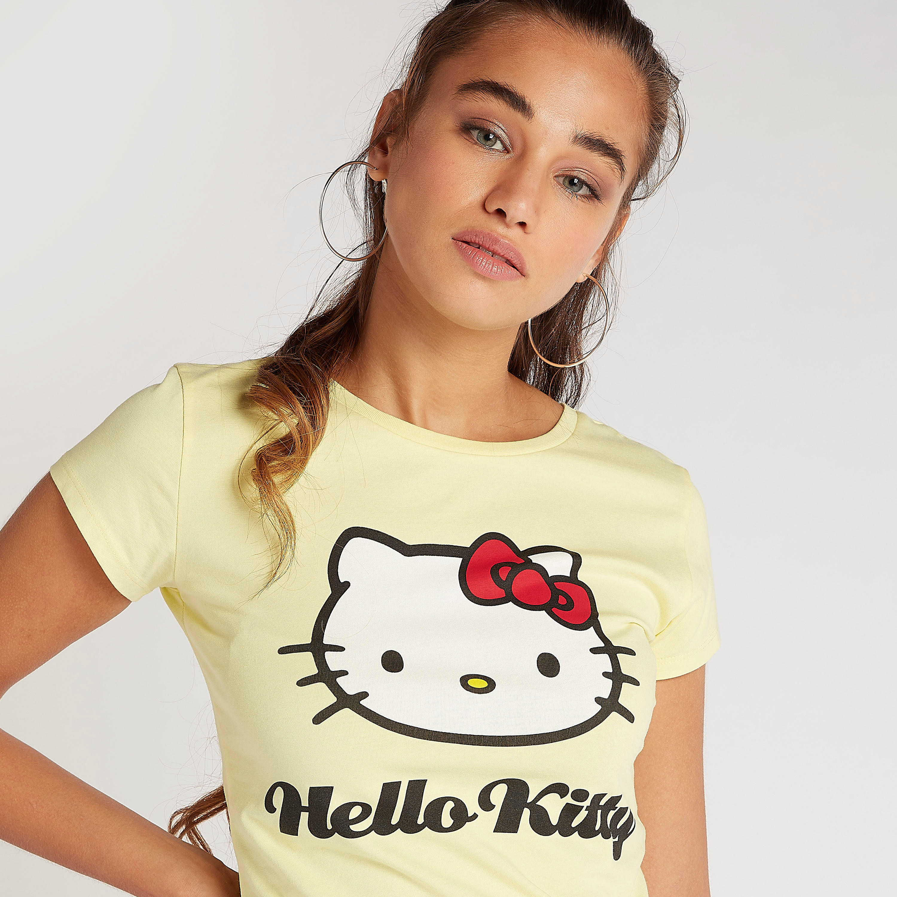 Hello Kitty Print Crew Neck T-shirt with Cap Sleeves-women-clothing-tshirts-image-3