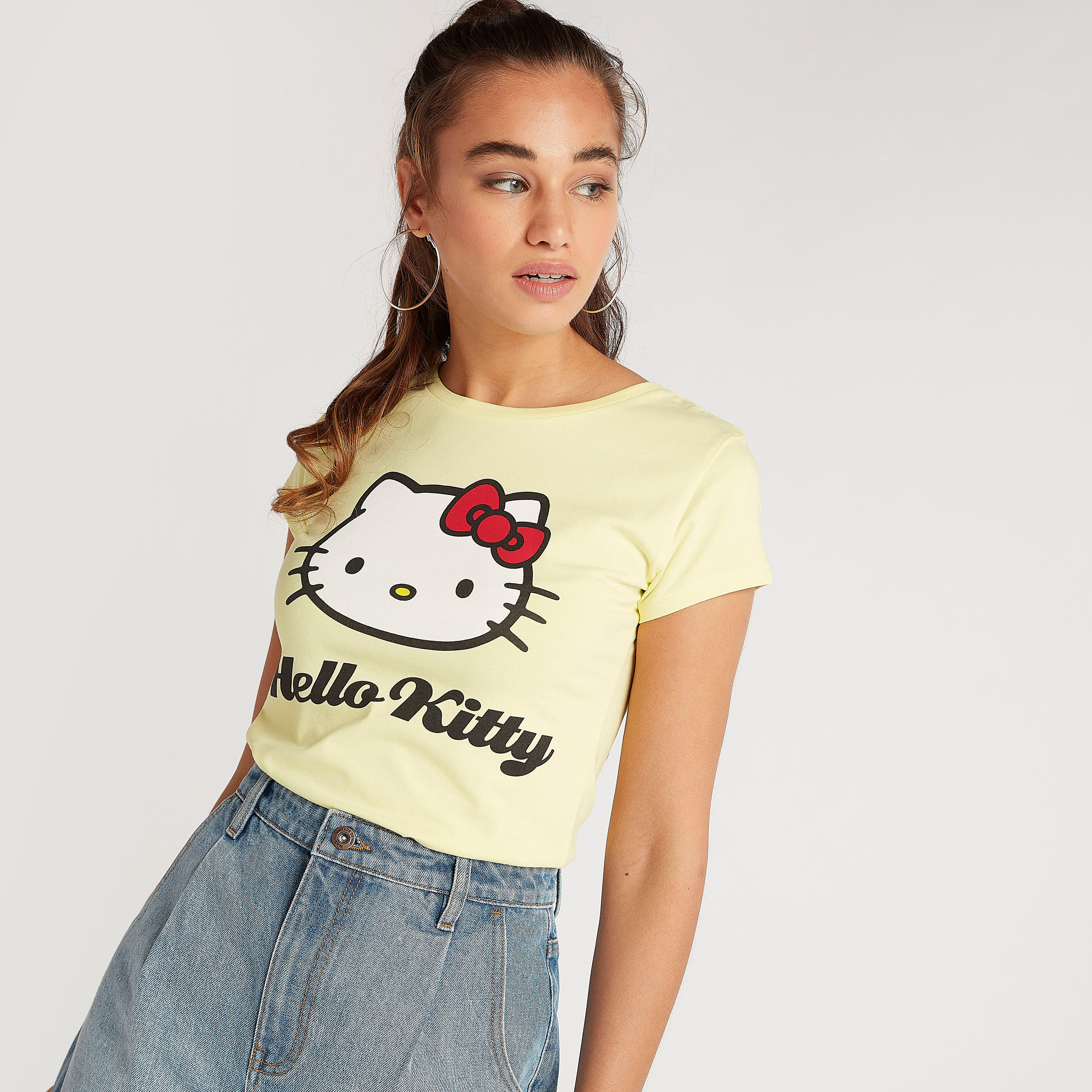 Hello Kitty Print Crew Neck T-shirt with Cap Sleeves-women-clothing-tshirts-image-5