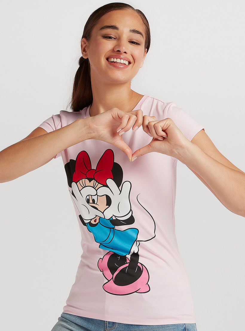 Minnie Mouse Print Crew Neck T-shirt with Cap Sleeves-women-clothing-tshirts-image-1