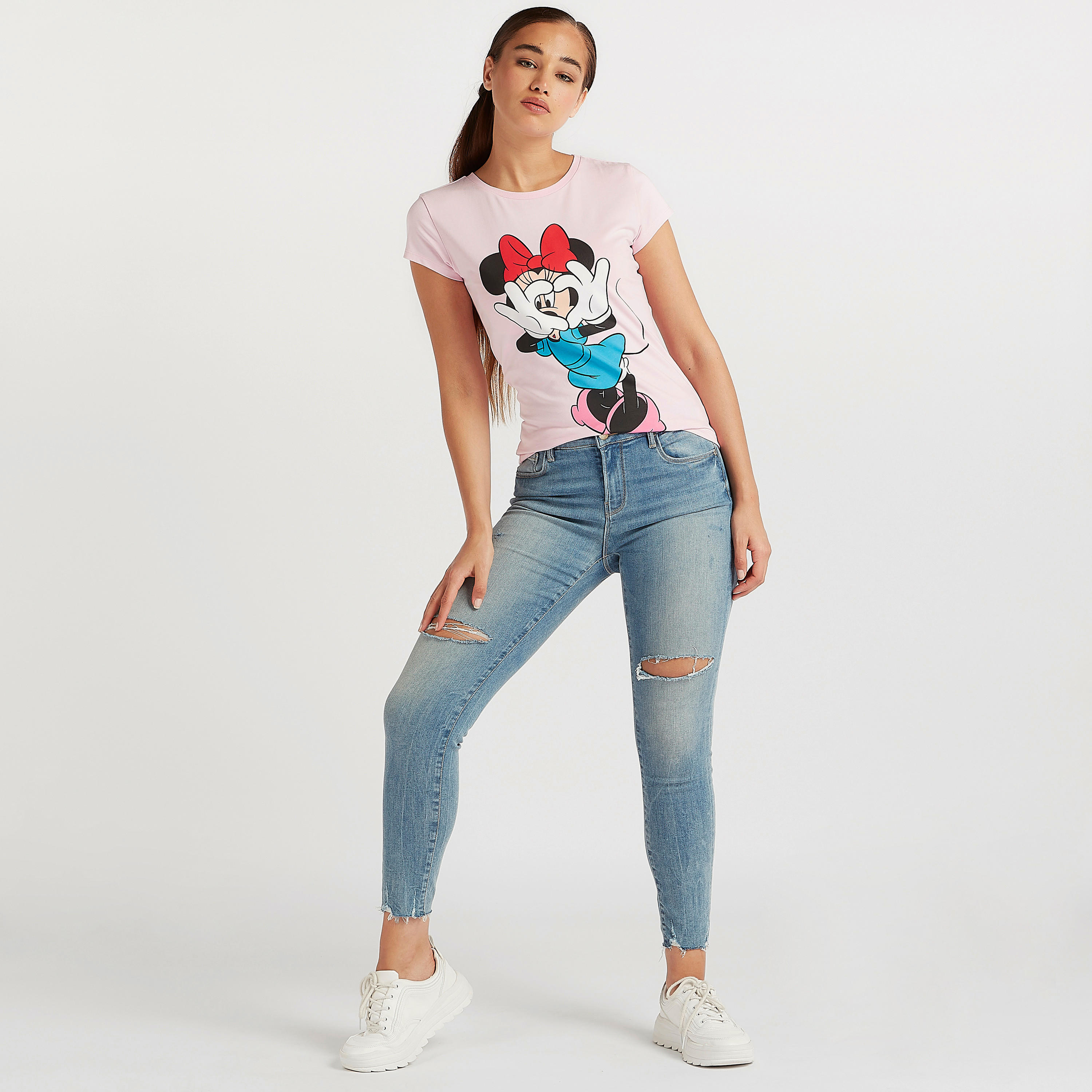 Minnie Mouse Print Crew Neck T-shirt with Cap Sleeves-women-clothing-tshirts-image-2