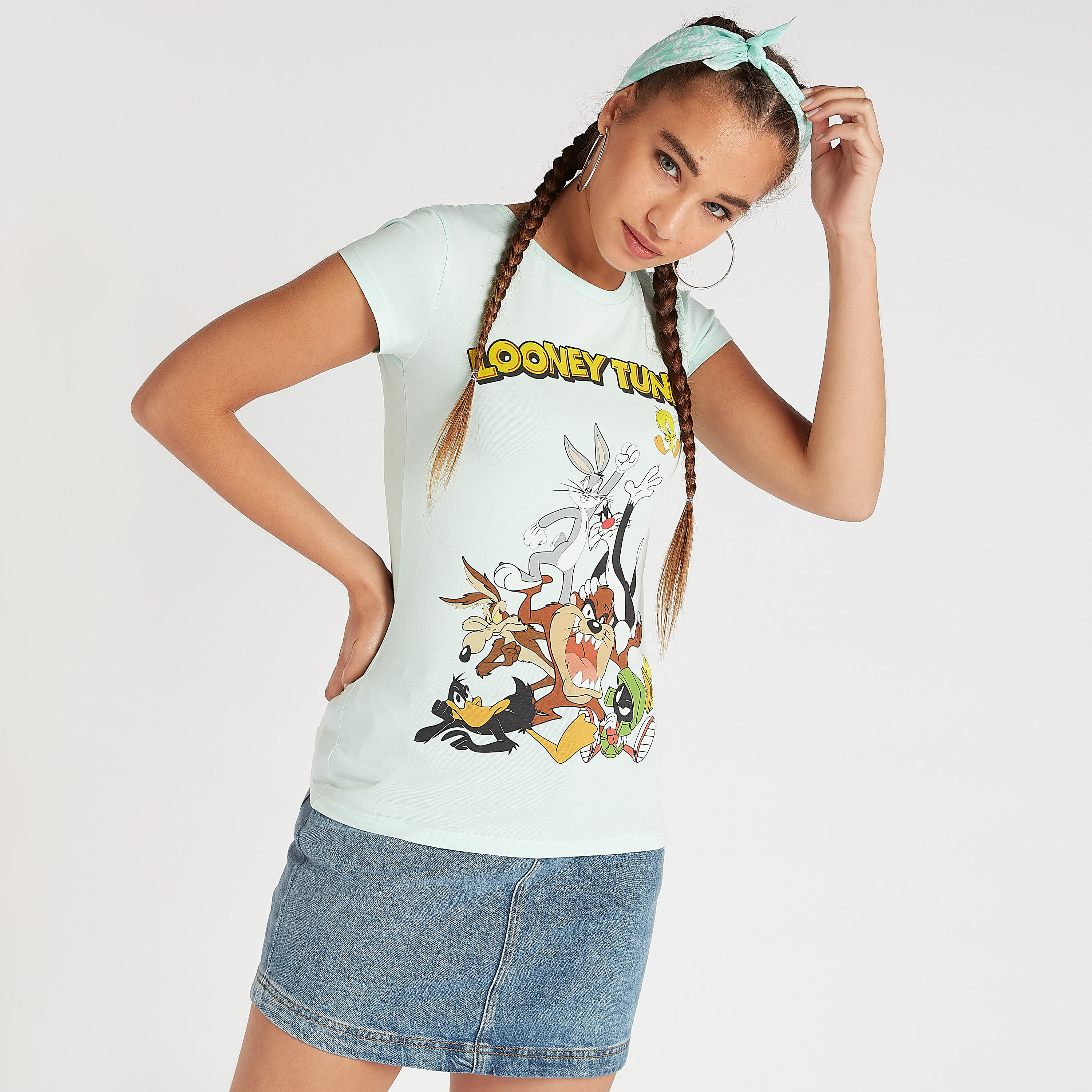 تيشيرت بياقة ضيقة وأكمام كاب وطبعات لوني تيونر-women-clothing-tshirts-image-1