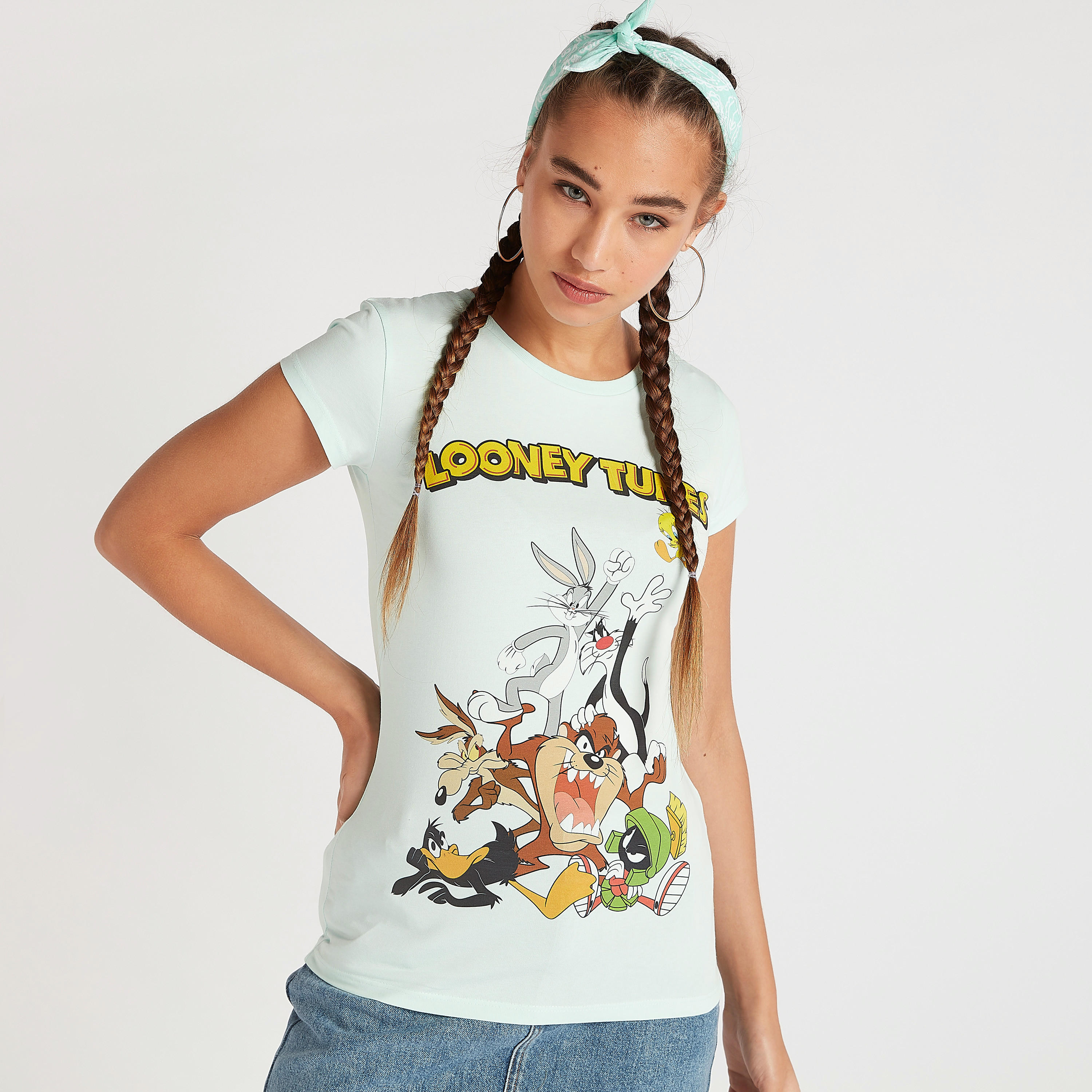 تيشيرت بياقة ضيقة وأكمام كاب وطبعات لوني تيونر-women-clothing-tshirts-image-2