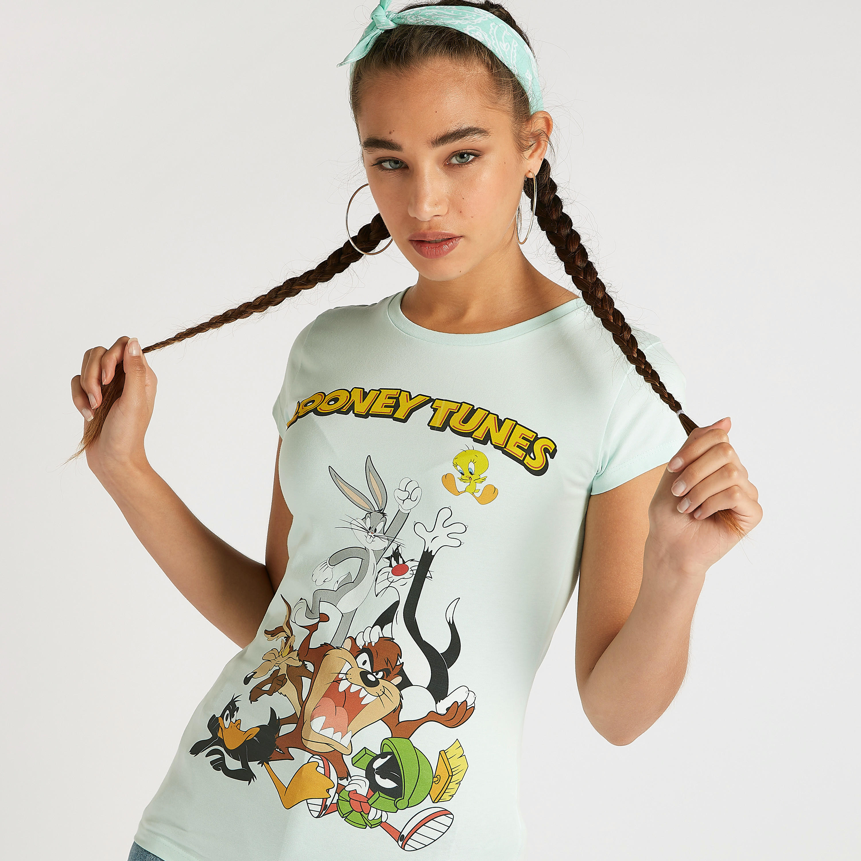 تيشيرت بياقة ضيقة وأكمام كاب وطبعات لوني تيونر-women-clothing-tshirts-image-5