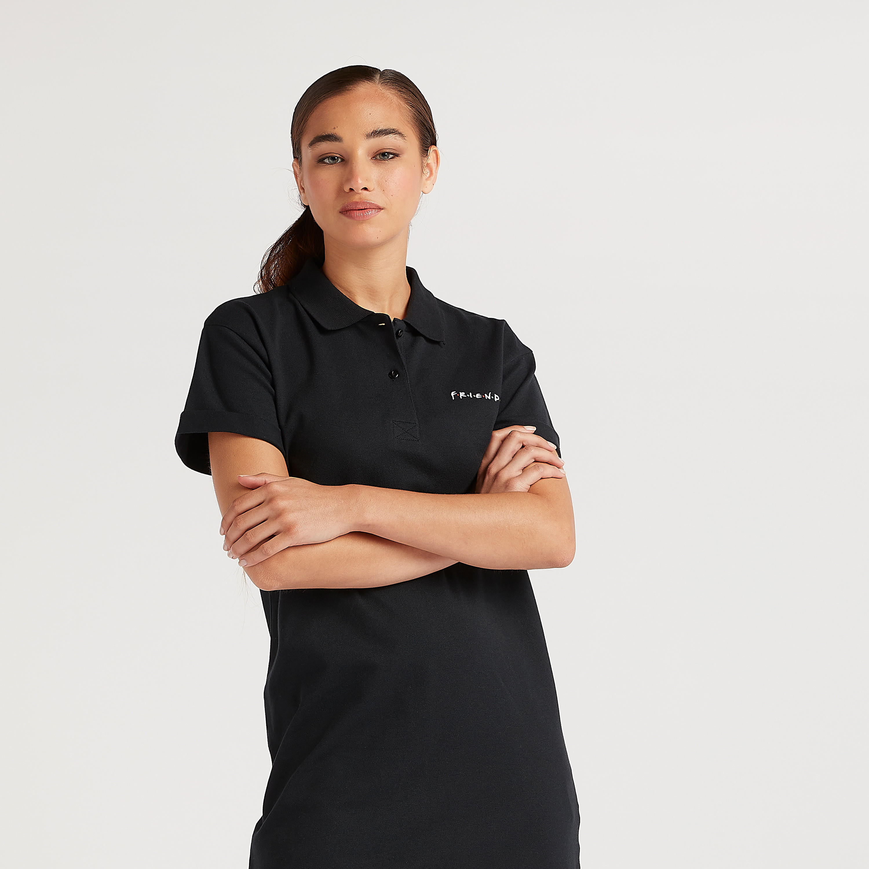 فستان تيشيرت قصير سادة بياقة عادية فريندز-women-clothing-dresses-image-3