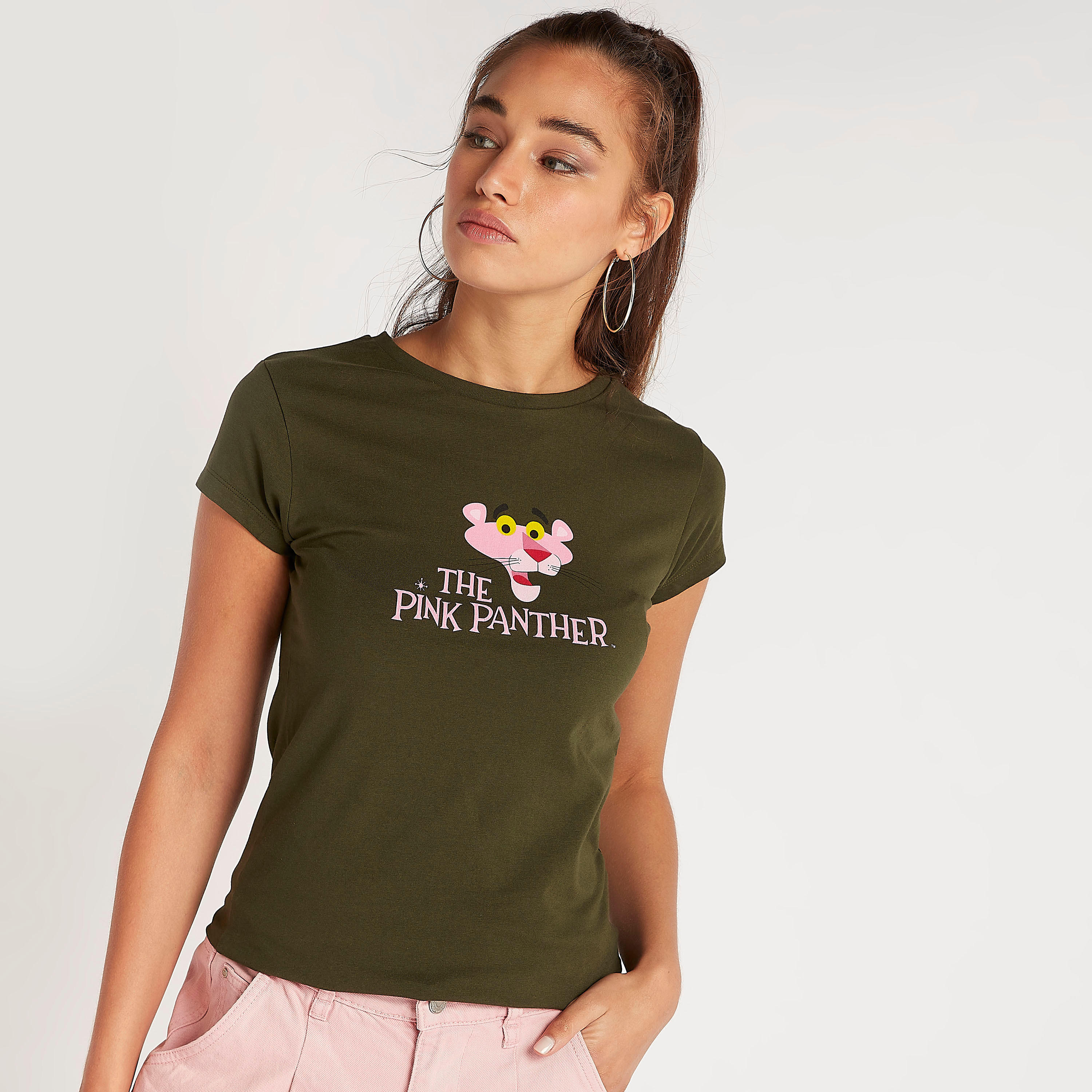 The Pink Panther Print Crew Neck T-shirt with Cap Sleeves-women-clothing-tshirts-image-1