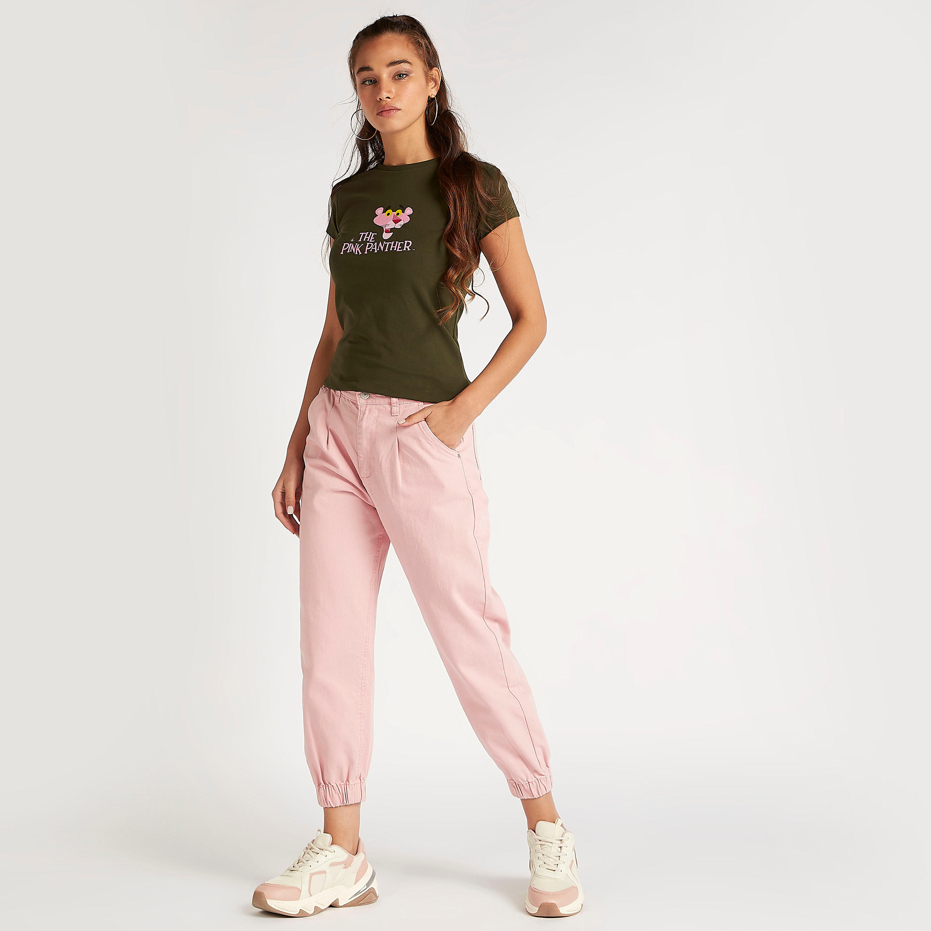 The Pink Panther Print Crew Neck T-shirt with Cap Sleeves-women-clothing-tshirts-image-2