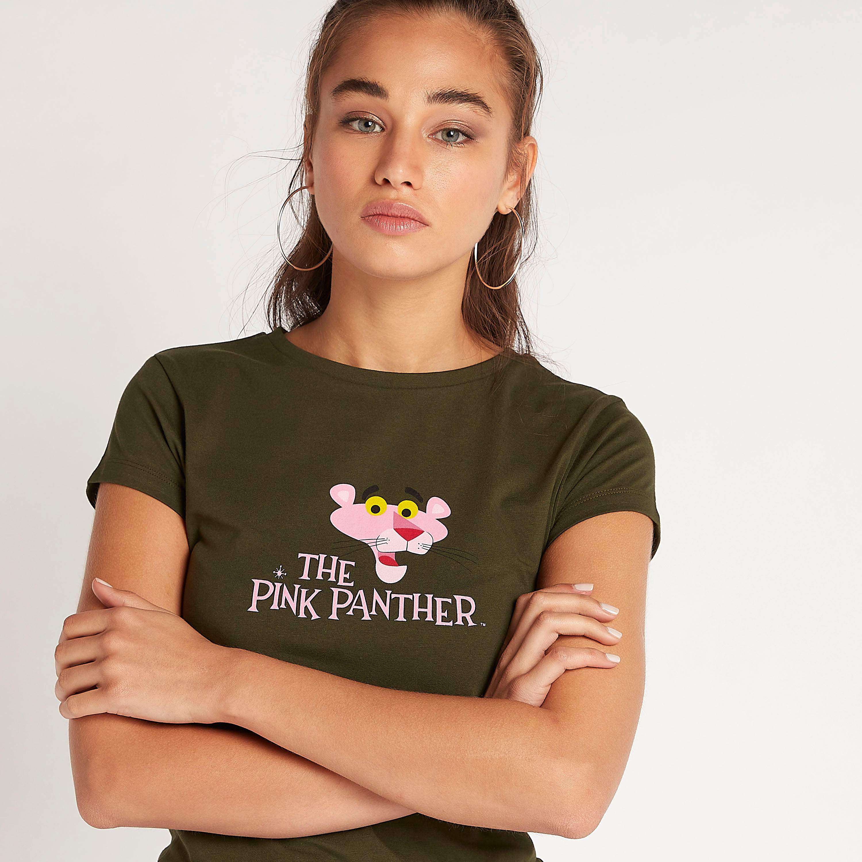 The Pink Panther Print Crew Neck T-shirt with Cap Sleeves-women-clothing-tshirts-image-3