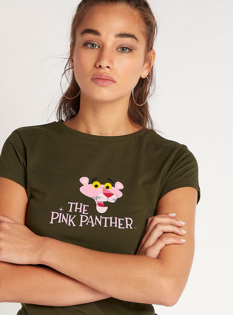 The Pink Panther Print Crew Neck T-shirt with Cap Sleeves-women-clothing-tshirts-image-3