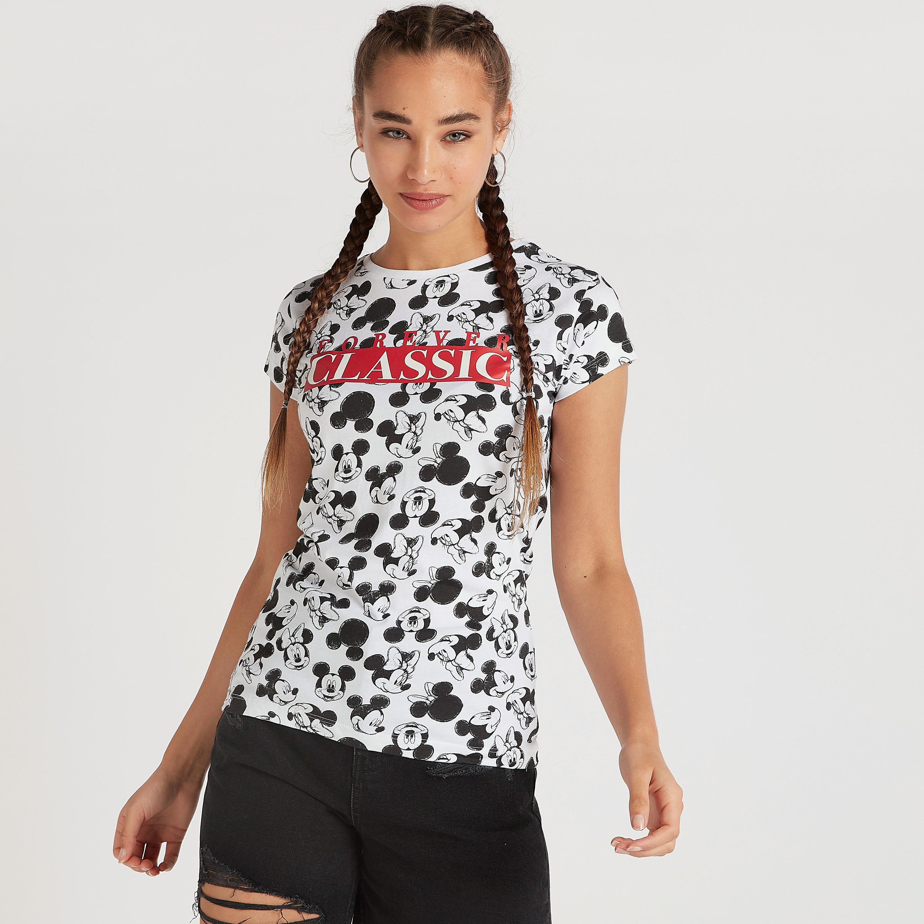 تيشيرت بأكمام كاب وطبعات ميكي وميني ماوس-women-clothing-tshirts-image-2