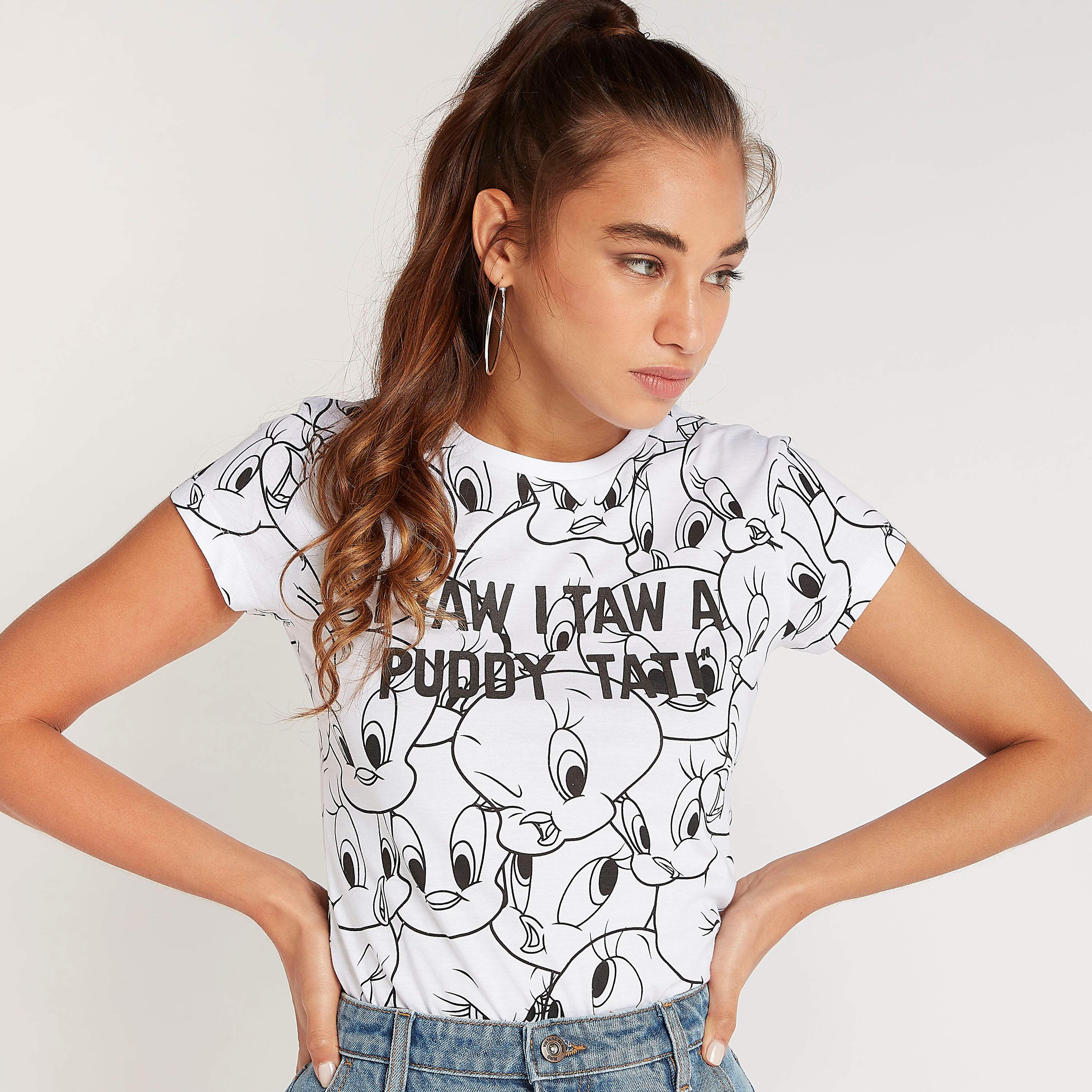 Tweety Print Crew Neck T-shirt with Cap Sleeves-women-clothing-tshirts-image-1