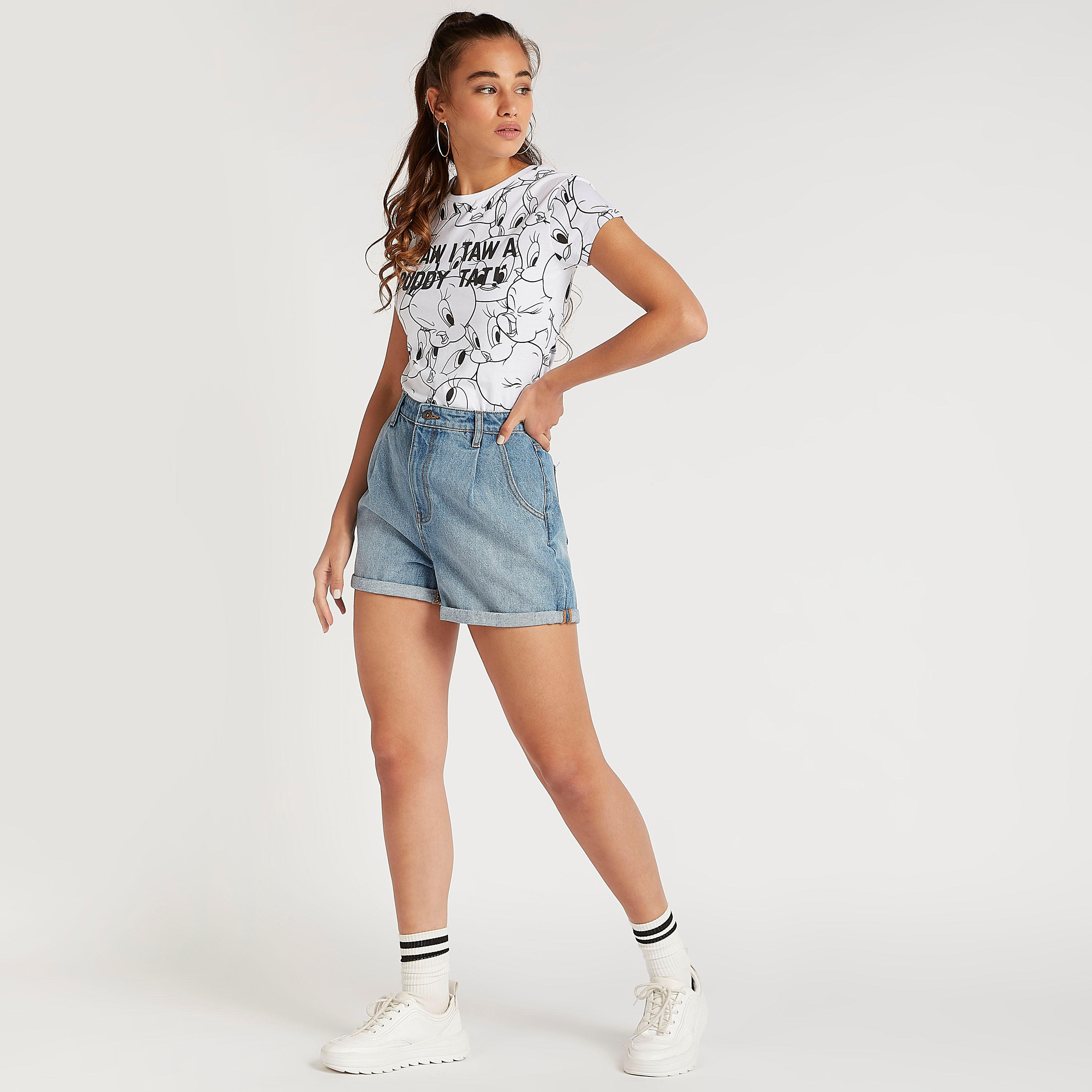 Tweety Print Crew Neck T-shirt with Cap Sleeves-women-clothing-tshirts-image-2