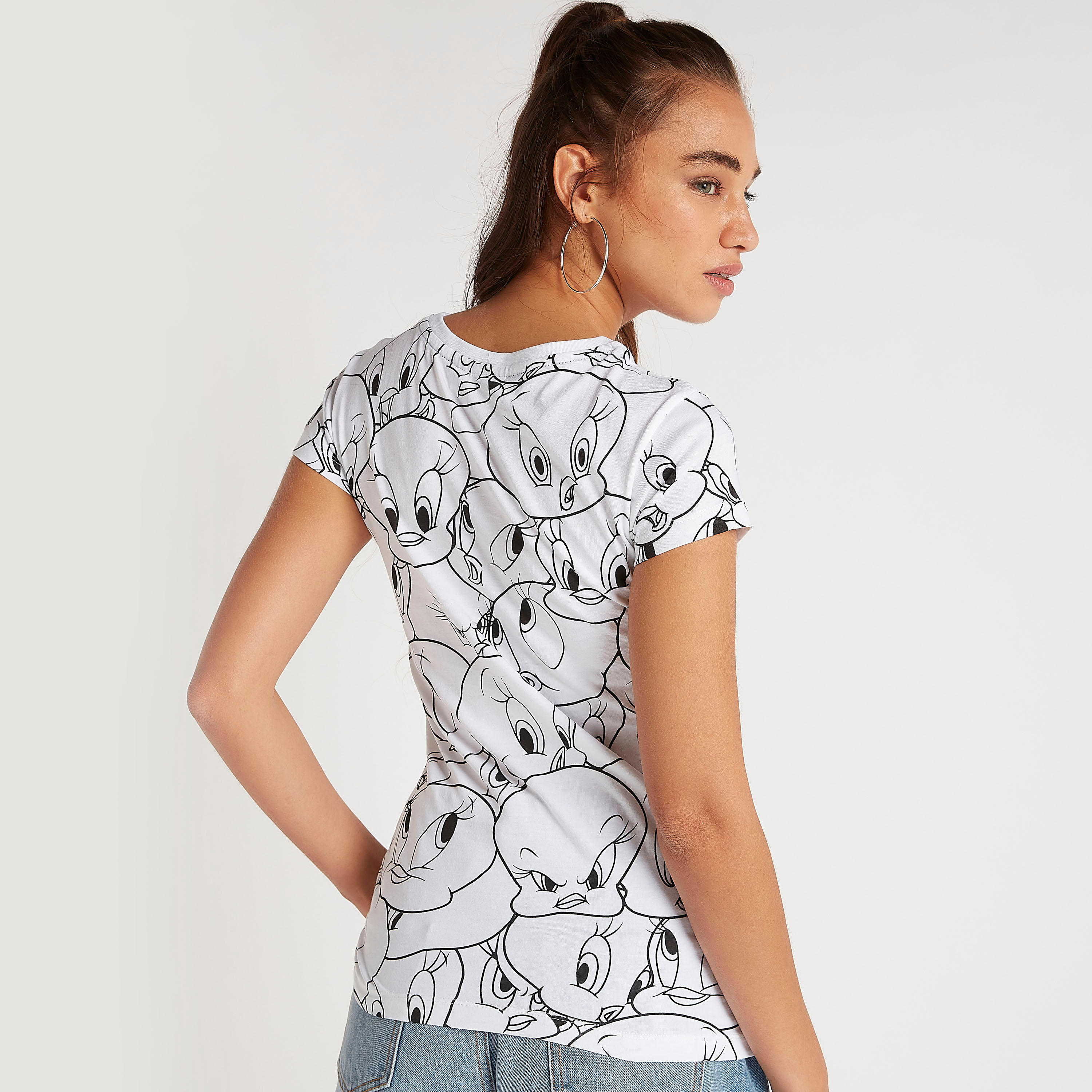 Tweety Print Crew Neck T-shirt with Cap Sleeves-women-clothing-tshirts-image-4