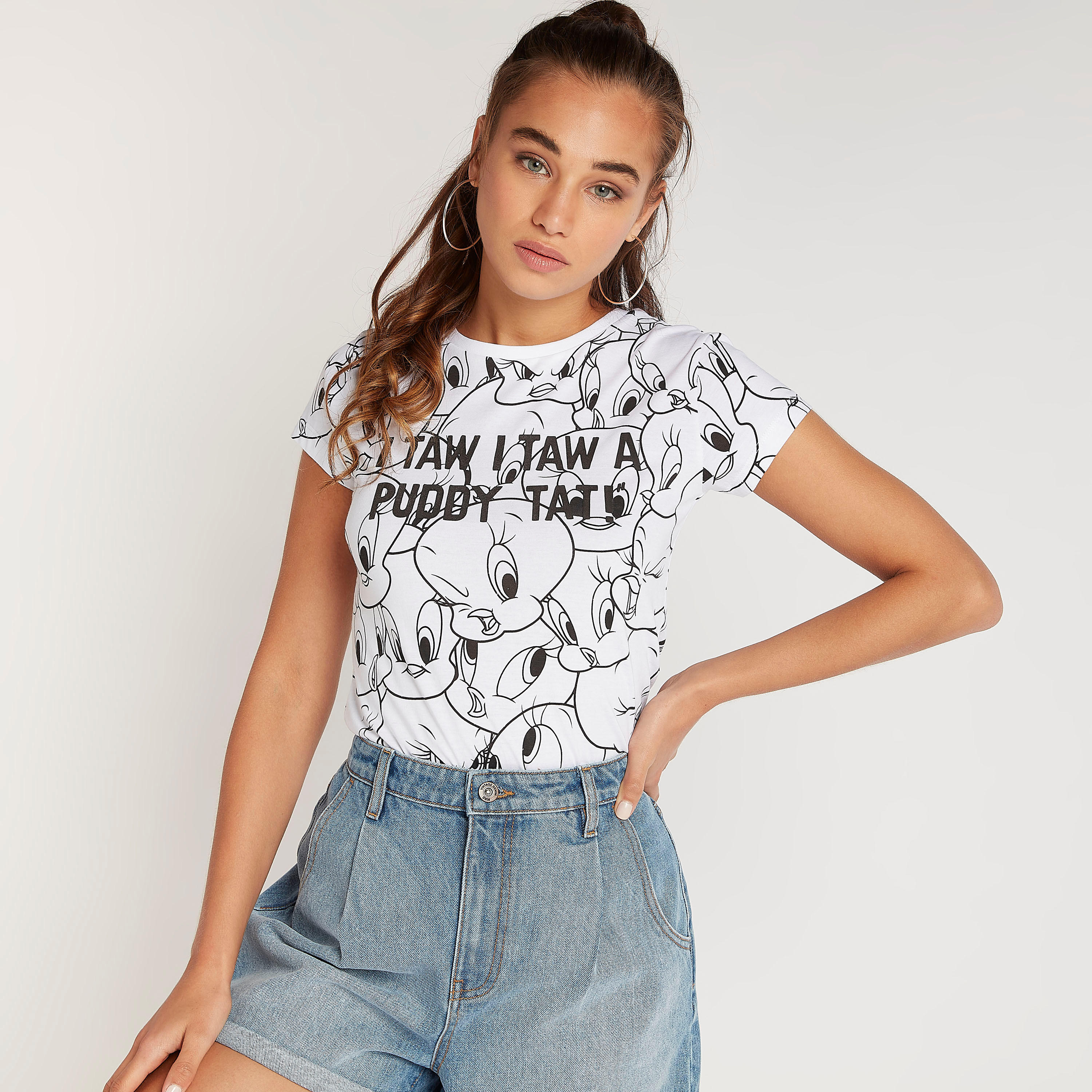 Tweety Print Crew Neck T-shirt with Cap Sleeves-women-clothing-tshirts-image-5