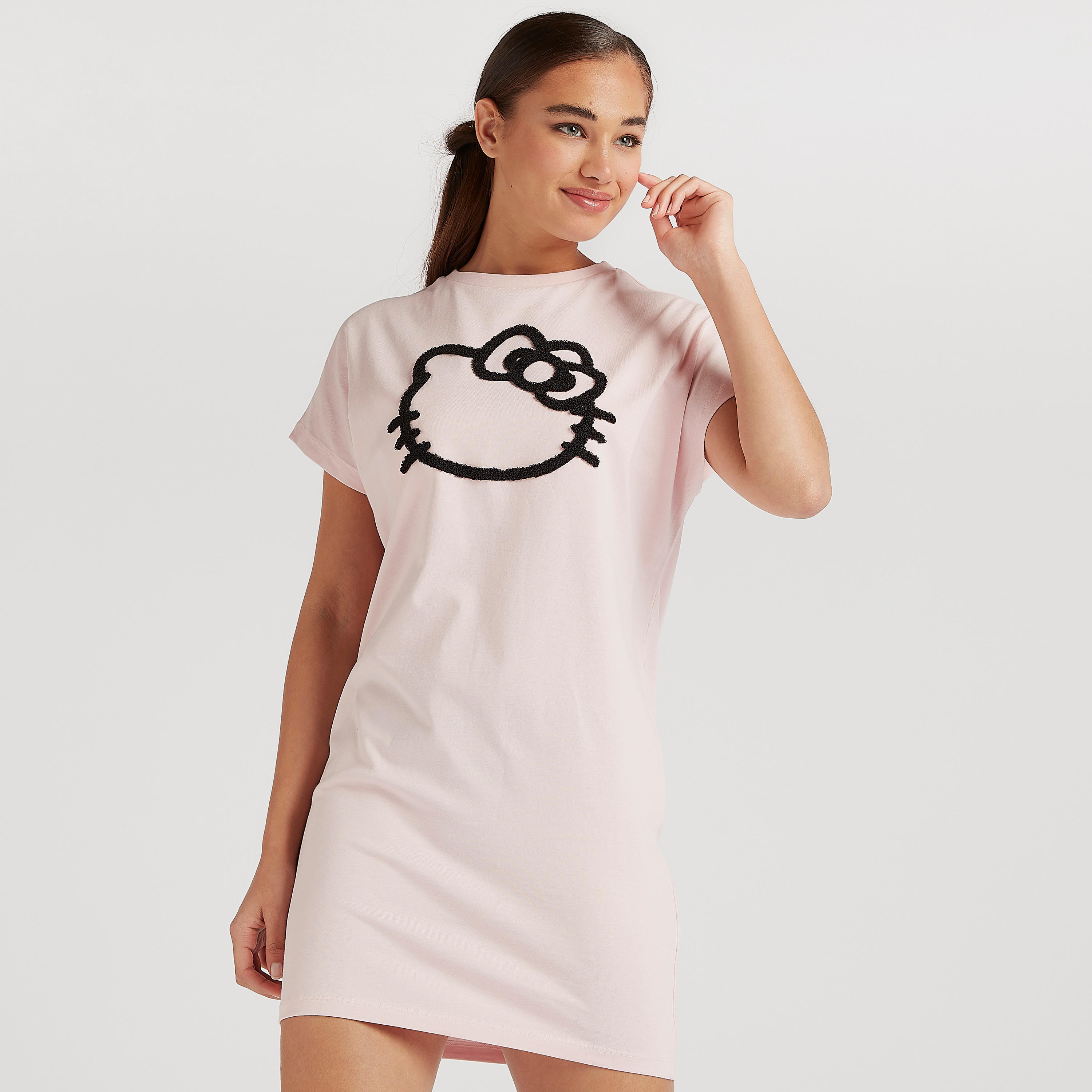 فستان تيشيرت بتصميم هالو كيتي بارز الملمس بأكمام قصيرة-women-clothing-dresses-image-1