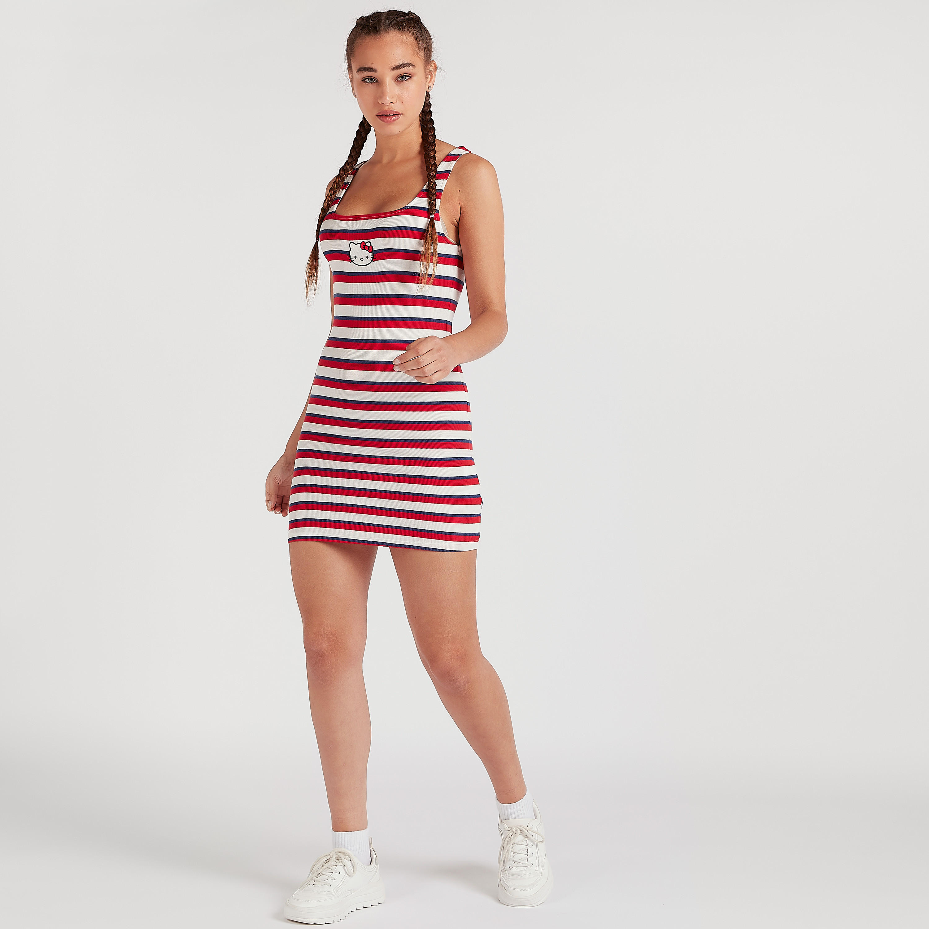 فستان ضيق قصير مخطط بياقة مربعة بطبعات هالو كيتي-women-clothing-dresses-image-1