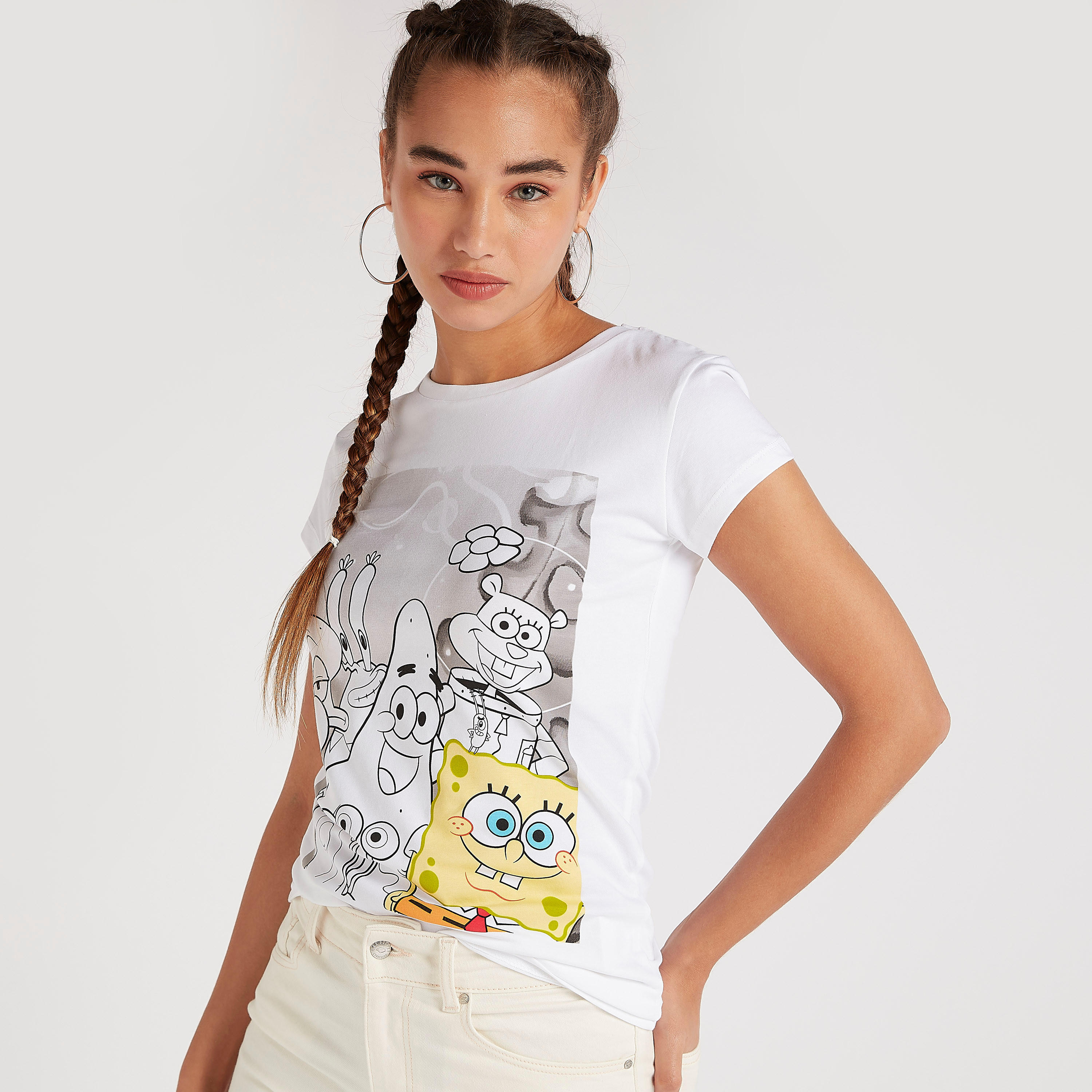 تيشيرت بأكمام كاب وطبعات سبونج بوب سكوير بانتس-women-clothing-tshirts-image-1