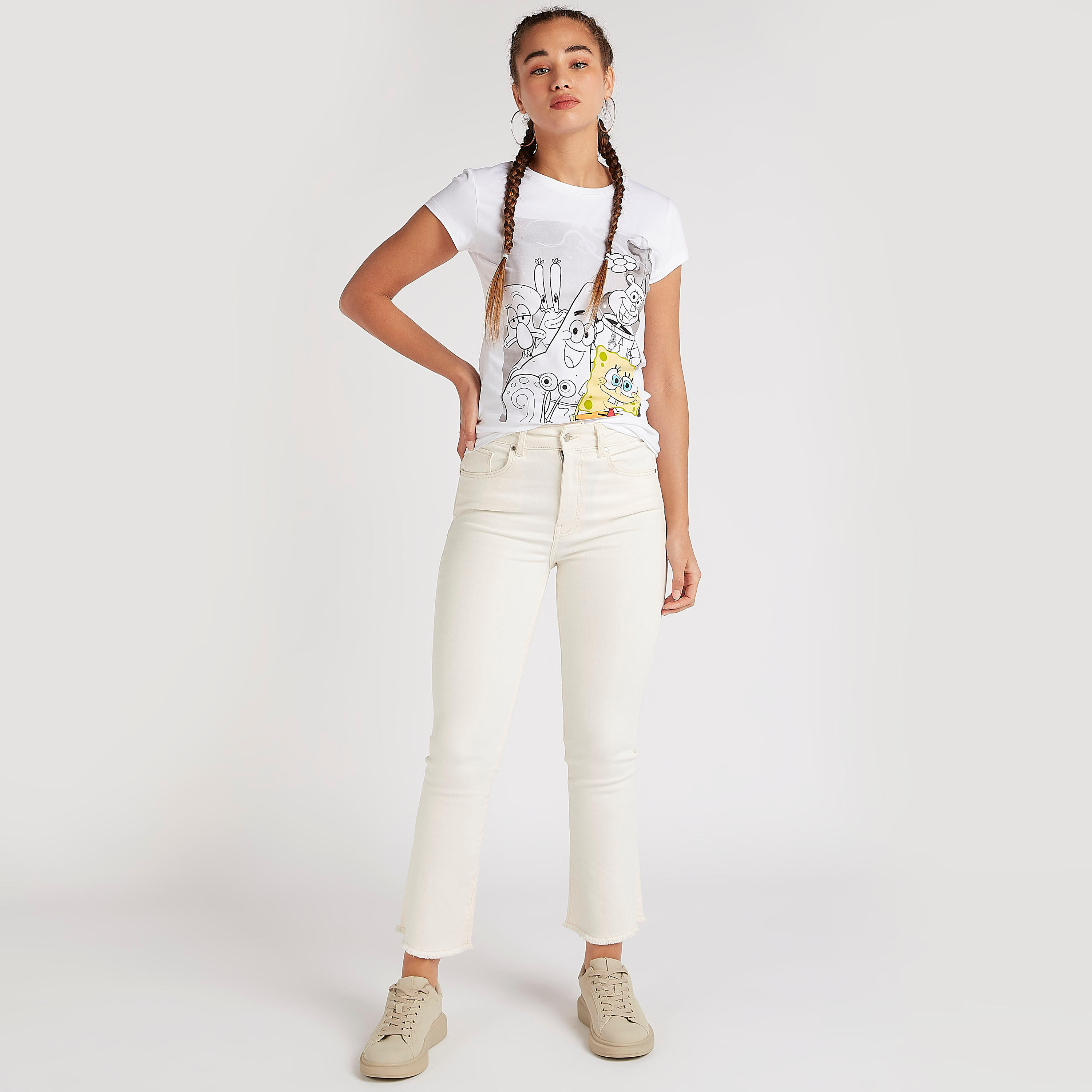 تيشيرت بأكمام كاب وطبعات سبونج بوب سكوير بانتس-women-clothing-tshirts-image-2