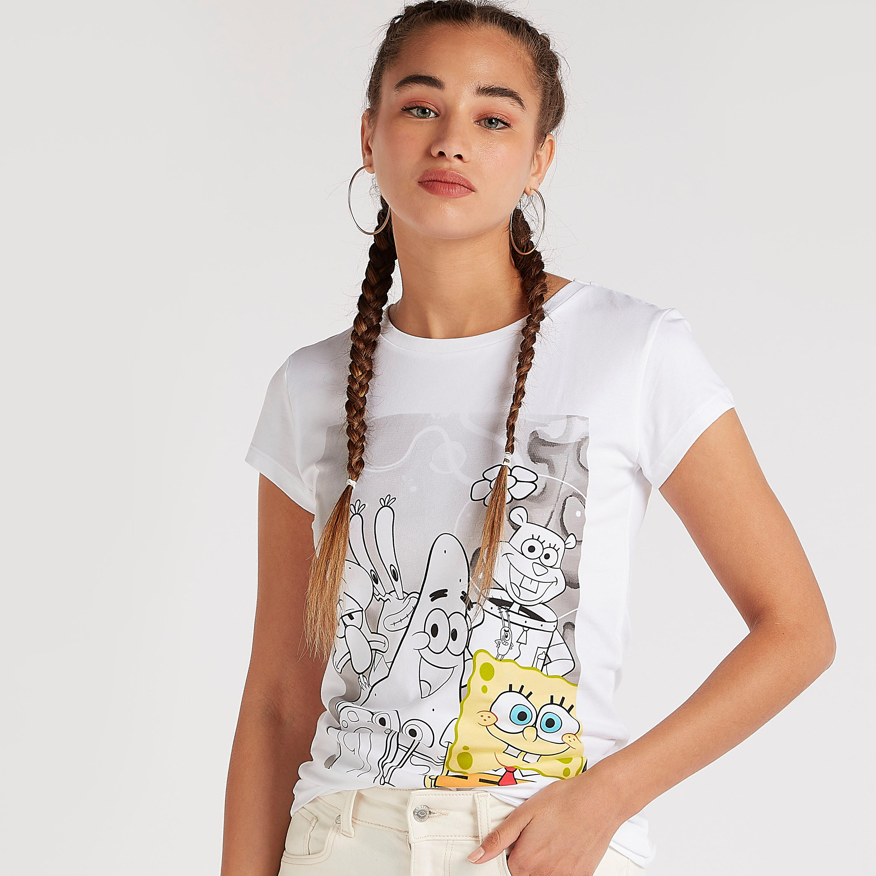 تيشيرت بأكمام كاب وطبعات سبونج بوب سكوير بانتس-women-clothing-tshirts-image-3