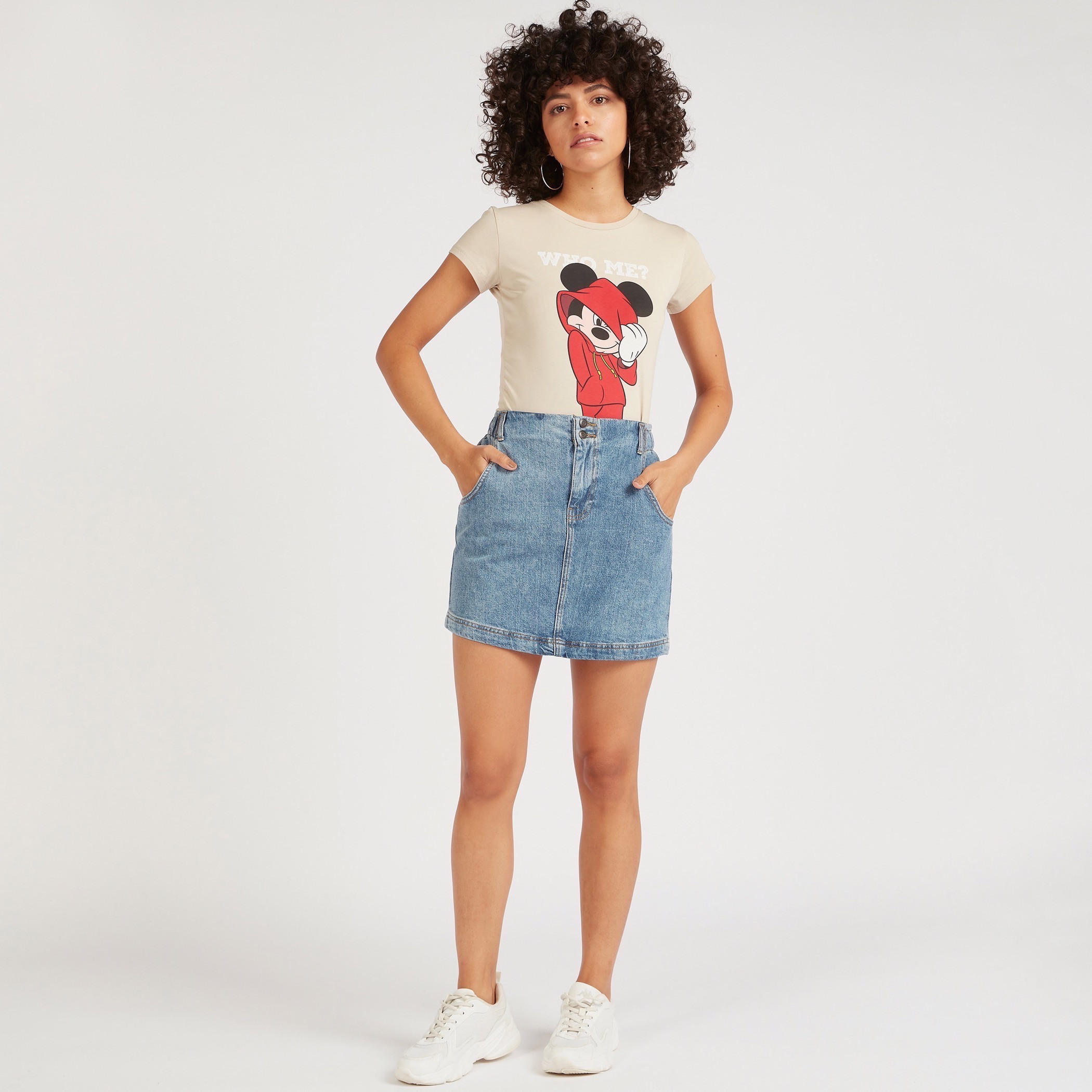 Mickey Mouse Print Crew Neck T-shirt with Cap Sleeves-women-clothing-tshirts-image-2