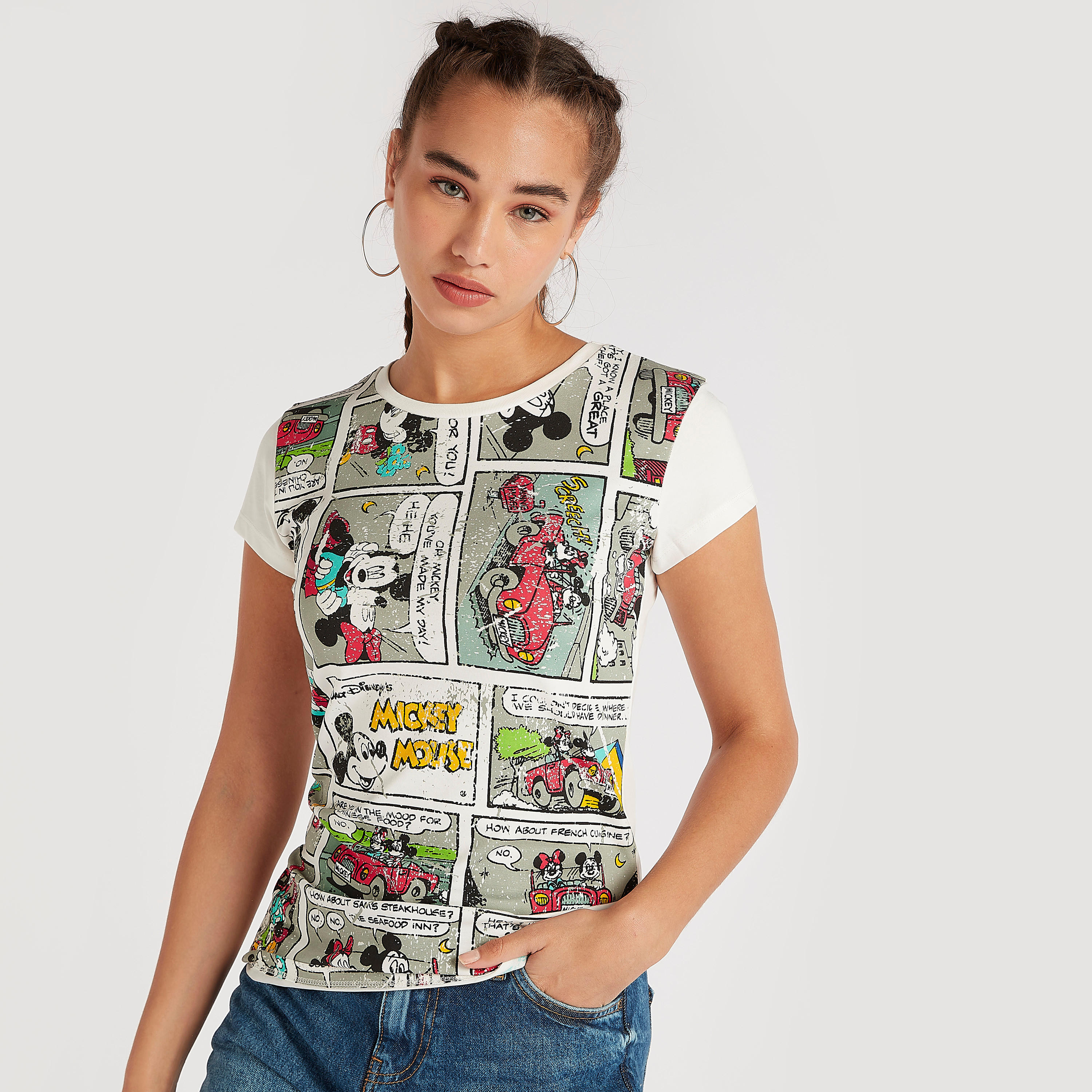 Mickey Mouse Print Crew Neck T-shirt with Cap Sleeves-women-clothing-tshirts-image-1