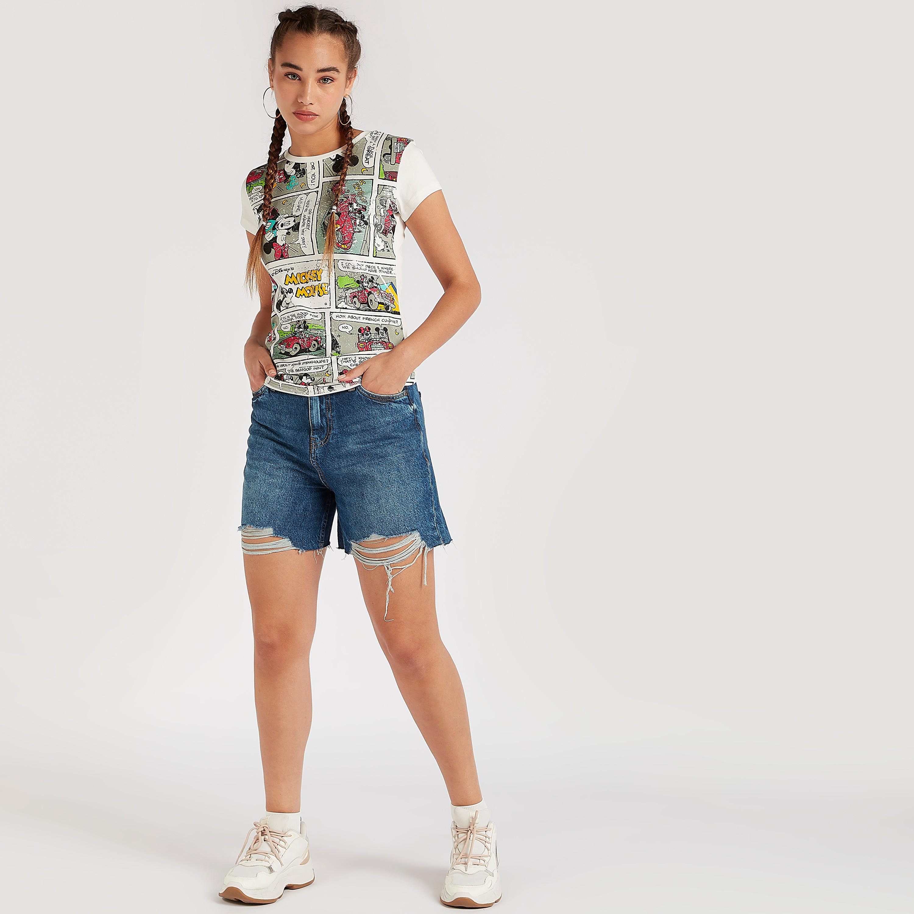 Mickey Mouse Print Crew Neck T-shirt with Cap Sleeves-women-clothing-tshirts-image-2