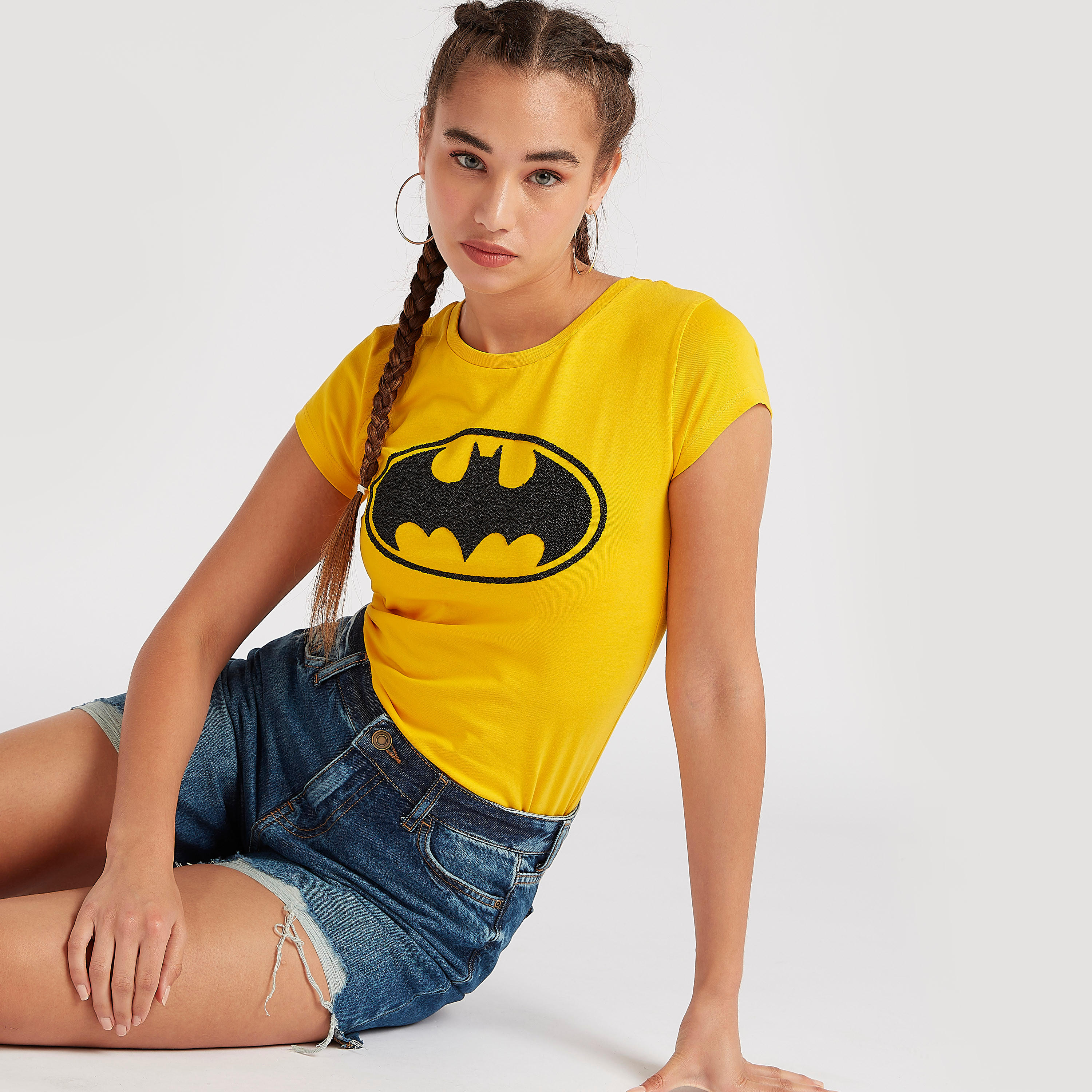 Batman Print Crew Neck T-shirt with Cap Sleeves-women-clothing-tshirts-image-1